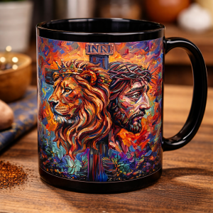“Lion of Judah & Christ Crown of Thorns Artistic Mug – Vibrant Faith-Inspired Design”