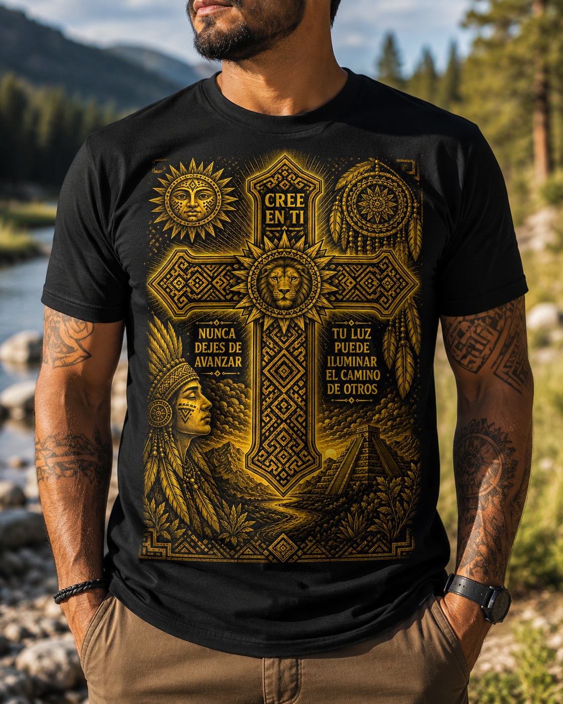 Believe in Yourself Lion Cross Gold Unisex T-Shirt – Inspirational Tribal Faith Art