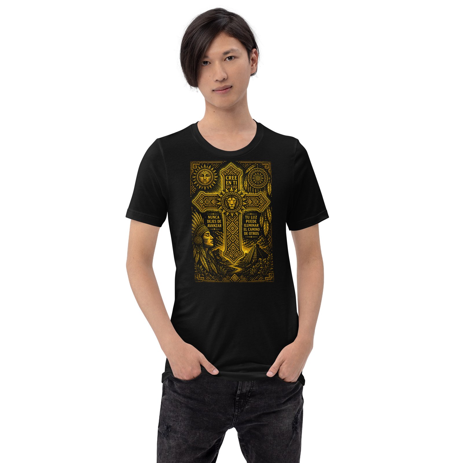 Believe in Yourself Lion Cross Gold Unisex T-Shirt – Inspirational Tribal Faith Art - Imagen 8
