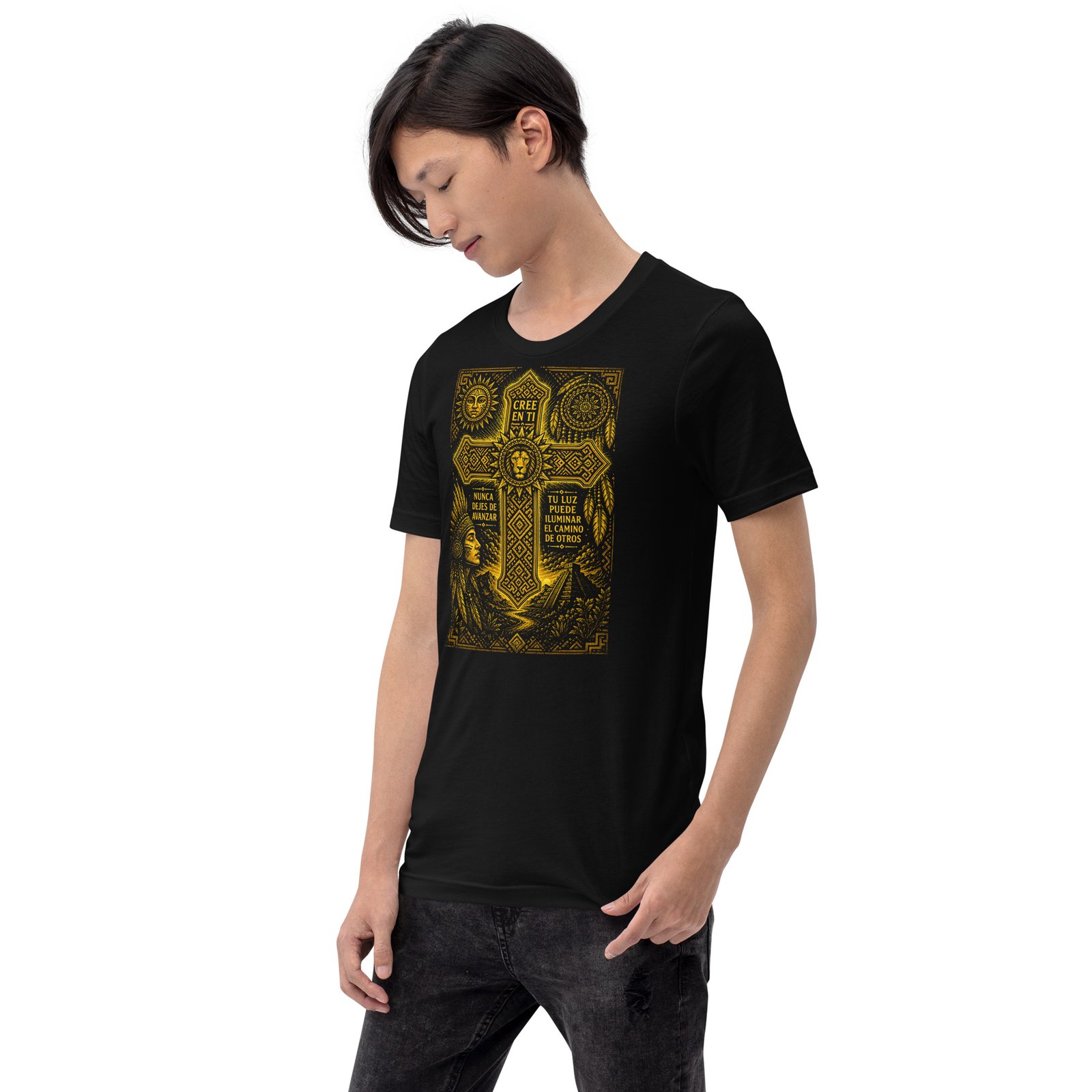Believe in Yourself Lion Cross Gold Unisex T-Shirt – Inspirational Tribal Faith Art - Imagen 9