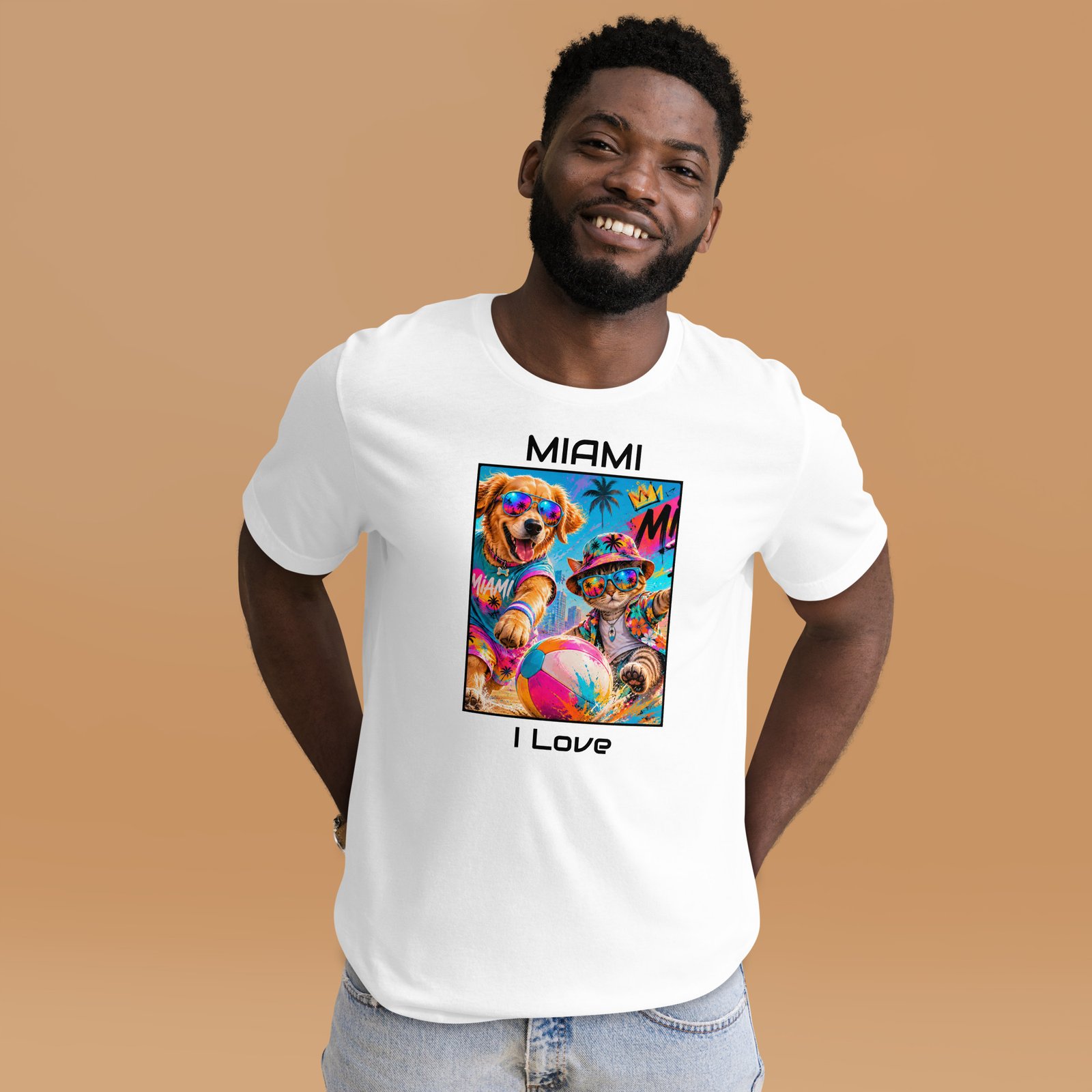 Cool Paws Miami Vibes White Unisex T-Shirt – Dog & Cat Beach Party Art - Imagen 28