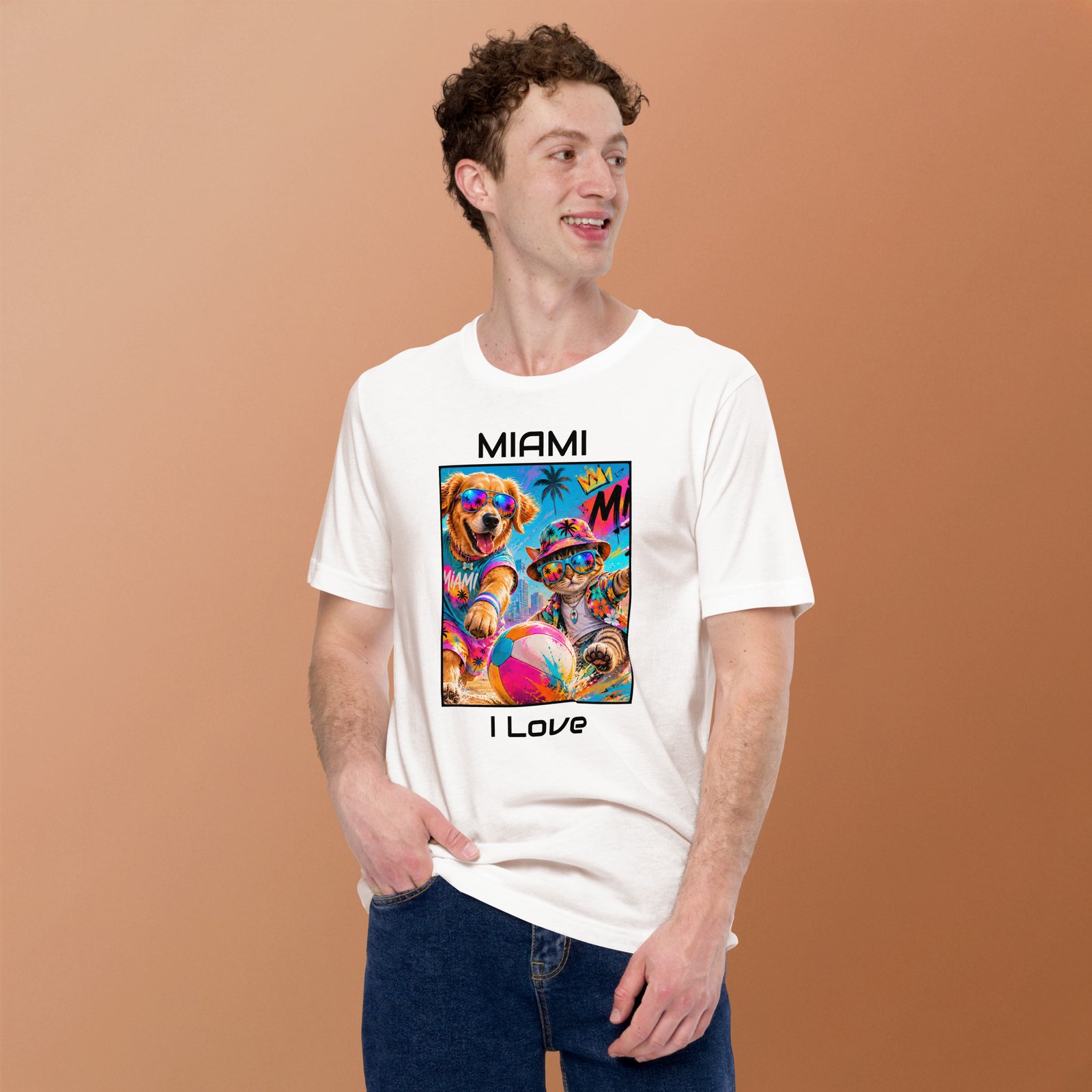 Cool Paws Miami Vibes White Unisex T-Shirt – Dog & Cat Beach Party Art - Imagen 13
