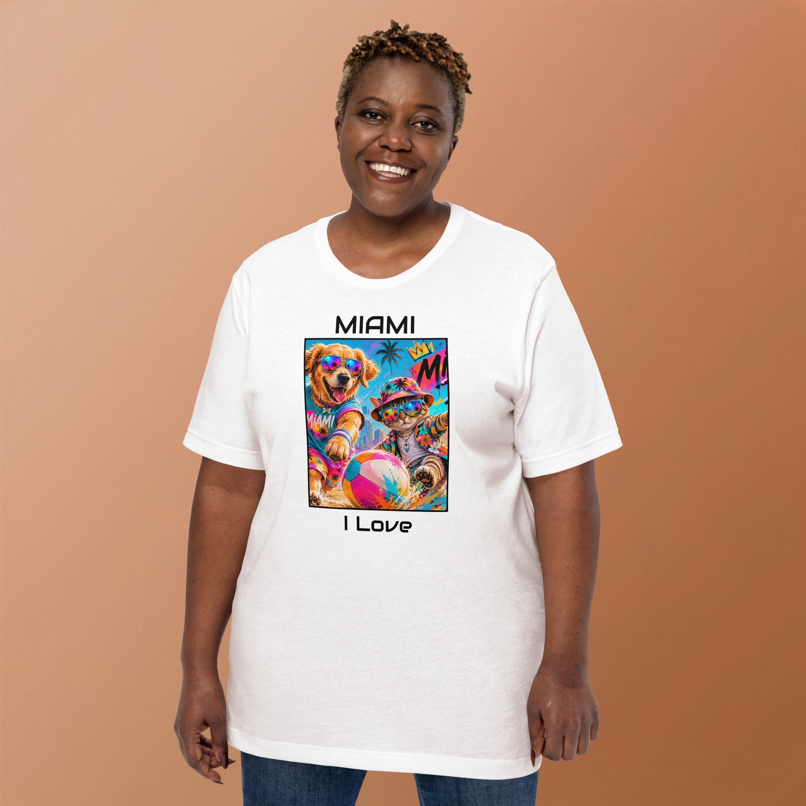 Cool Paws Miami Vibes White Unisex T-Shirt – Dog & Cat Beach Party Art - Imagen 19