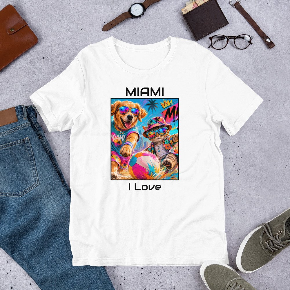 Cool Paws Miami Vibes White Unisex T-Shirt – Dog & Cat Beach Party Art - Imagen 20