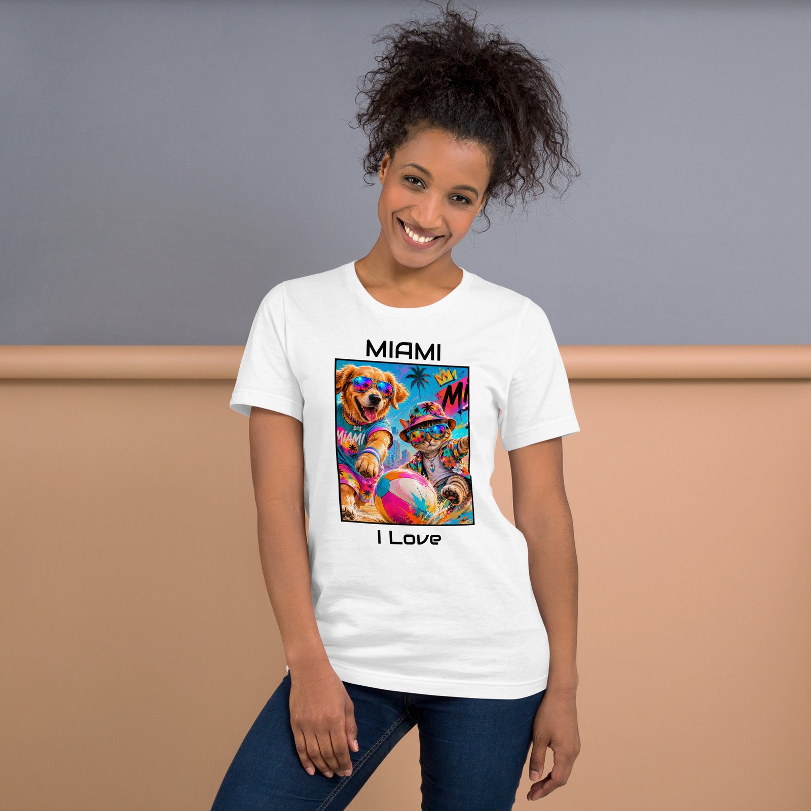 Cool Paws Miami Vibes White Unisex T-Shirt – Dog & Cat Beach Party Art - Imagen 30