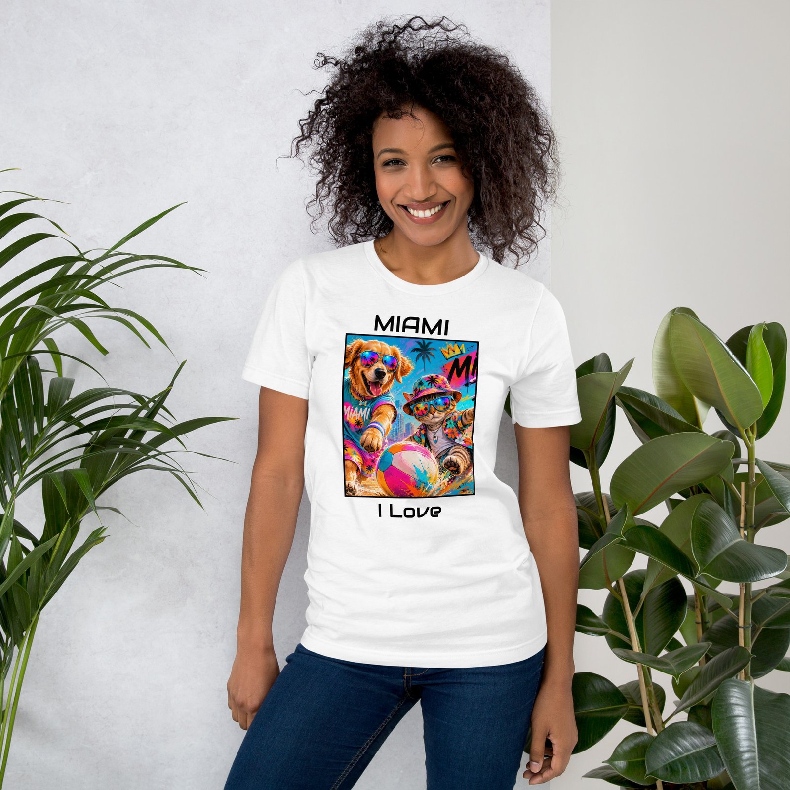 Cool Paws Miami Vibes White Unisex T-Shirt – Dog & Cat Beach Party Art - Imagen 31
