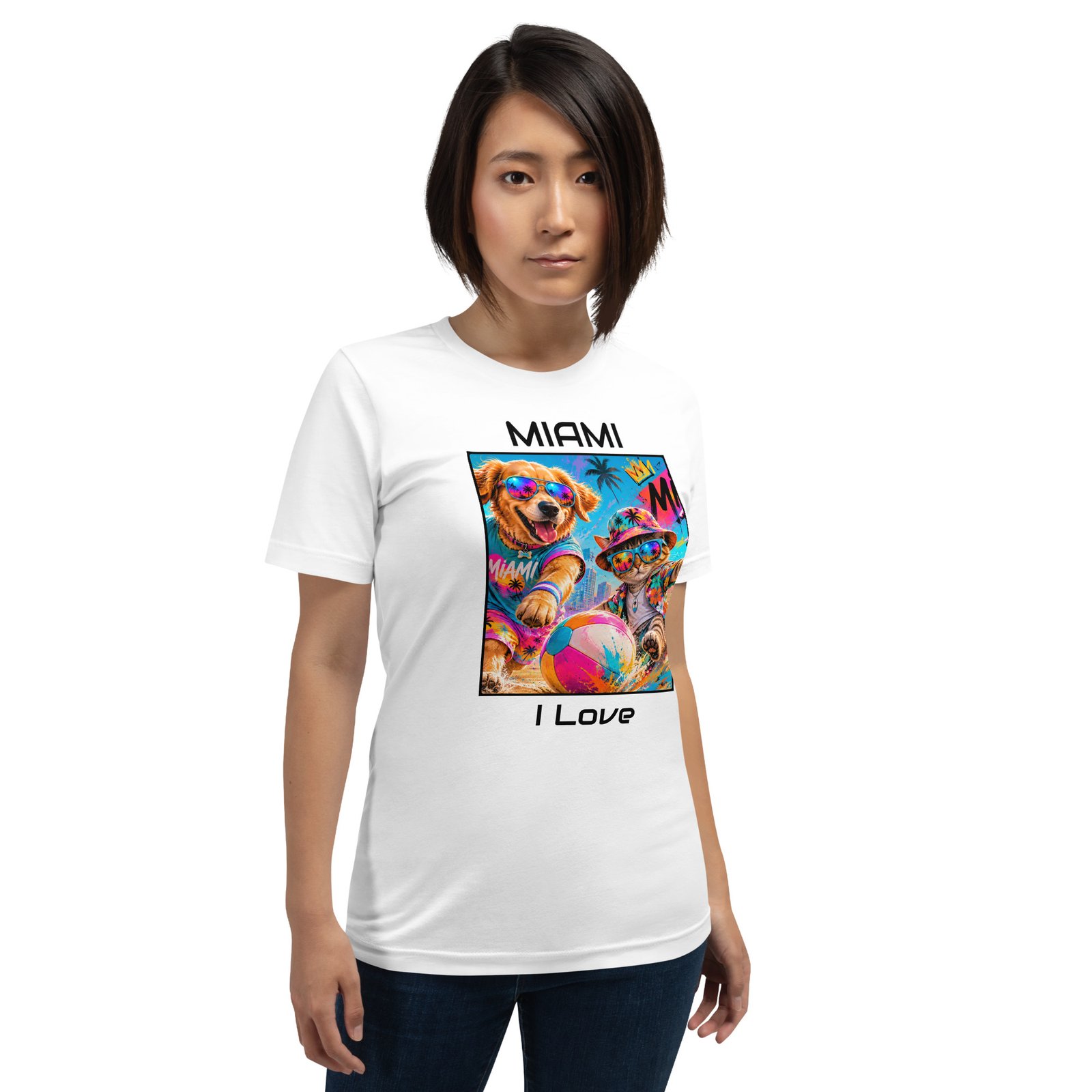 Cool Paws Miami Vibes White Unisex T-Shirt – Dog & Cat Beach Party Art - Imagen 18