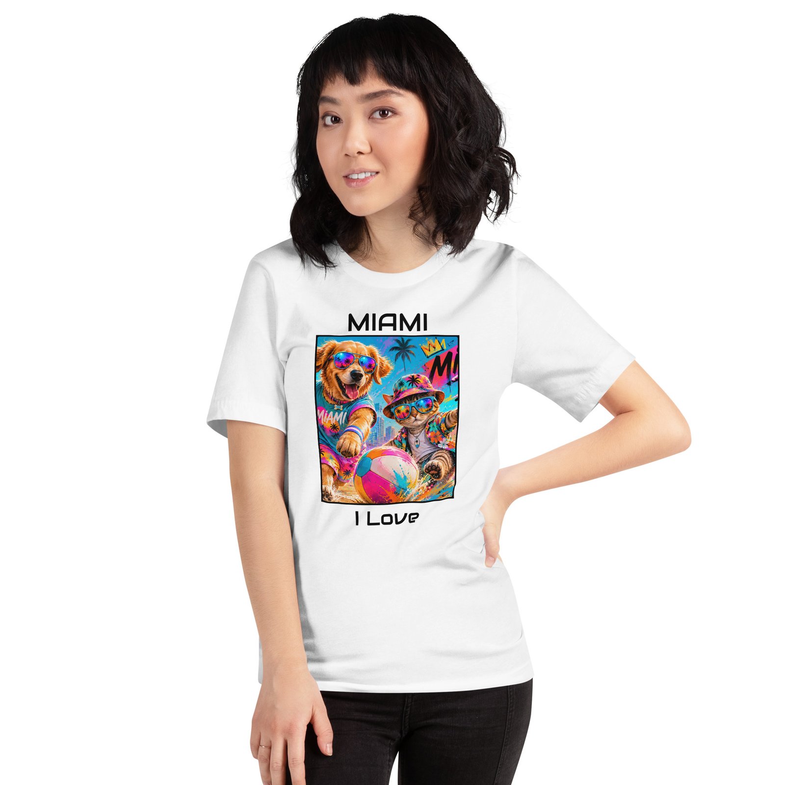 Cool Paws Miami Vibes White Unisex T-Shirt – Dog & Cat Beach Party Art - Imagen 14
