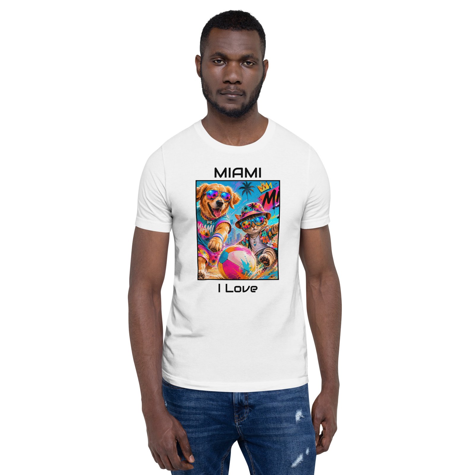 Cool Paws Miami Vibes White Unisex T-Shirt – Dog & Cat Beach Party Art - Imagen 8