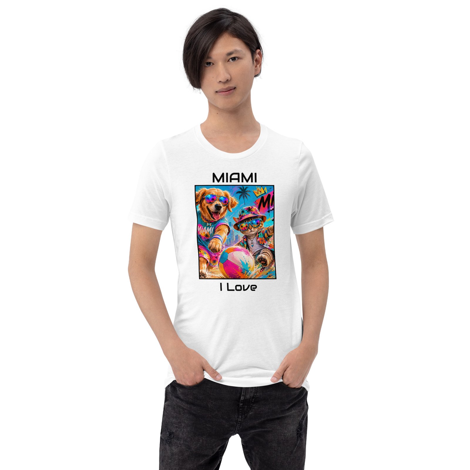 Cool Paws Miami Vibes White Unisex T-Shirt – Dog & Cat Beach Party Art - Imagen 10