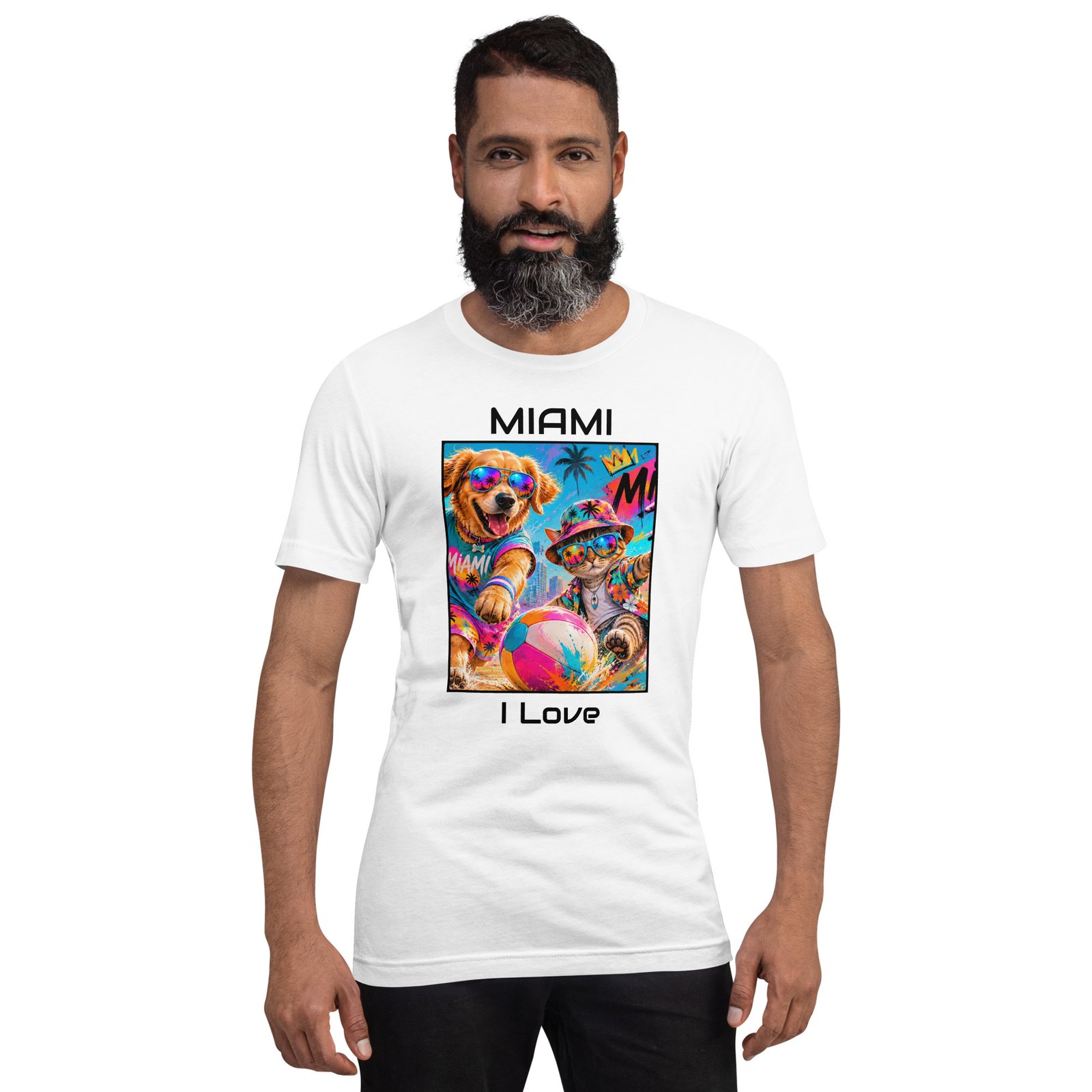Cool Paws Miami Vibes White Unisex T-Shirt – Dog & Cat Beach Party Art - Imagen 11