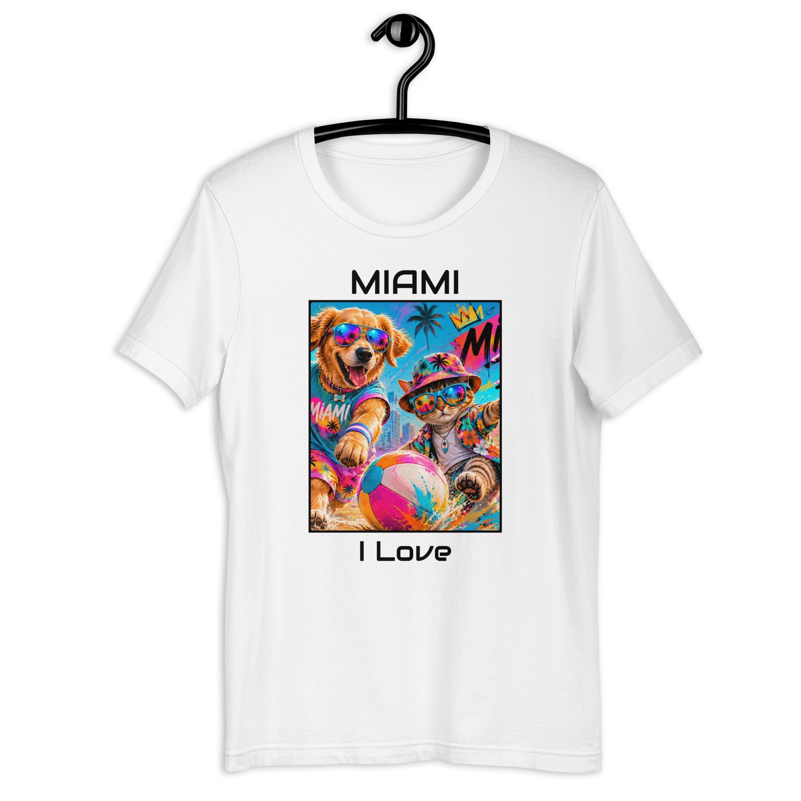 Cool Paws Miami Vibes White Unisex T-Shirt – Dog & Cat Beach Party Art - Imagen 22