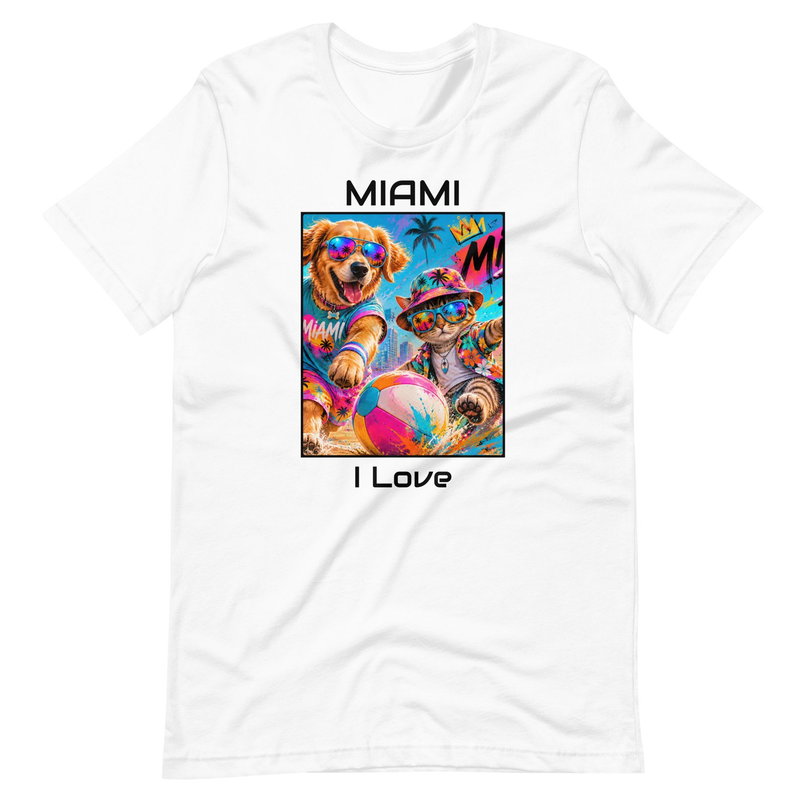 Cool Paws Miami Vibes White Unisex T-Shirt – Dog & Cat Beach Party Art - Imagen 21