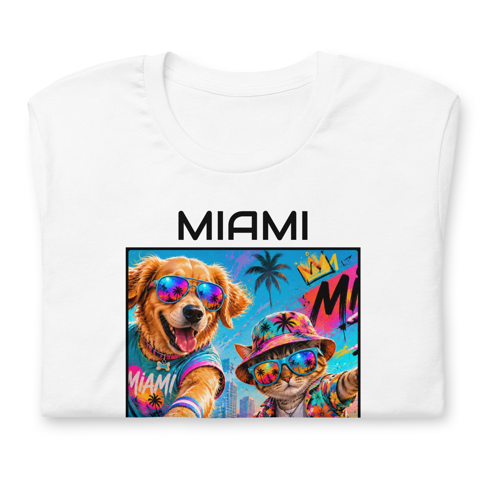 Cool Paws Miami Vibes White Unisex T-Shirt – Dog & Cat Beach Party Art - Imagen 23