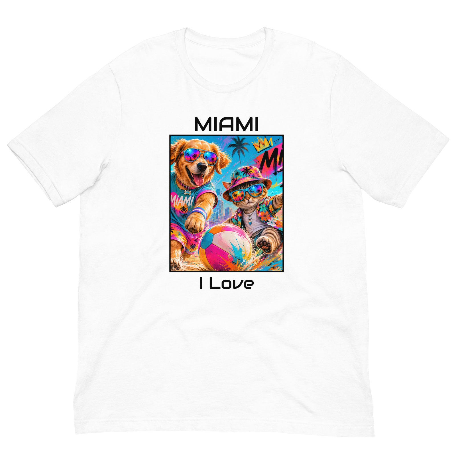 Cool Paws Miami Vibes White Unisex T-Shirt – Dog & Cat Beach Party Art - Imagen 6