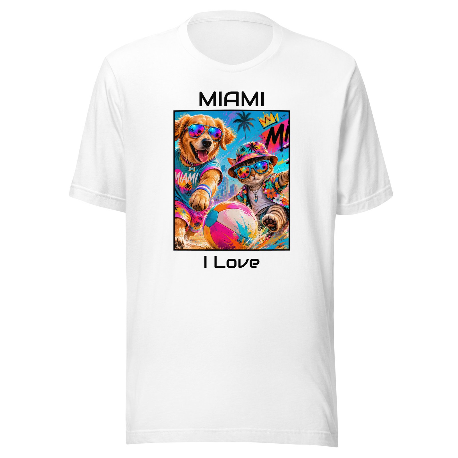 Cool Paws Miami Vibes White Unisex T-Shirt – Dog & Cat Beach Party Art - Imagen 2