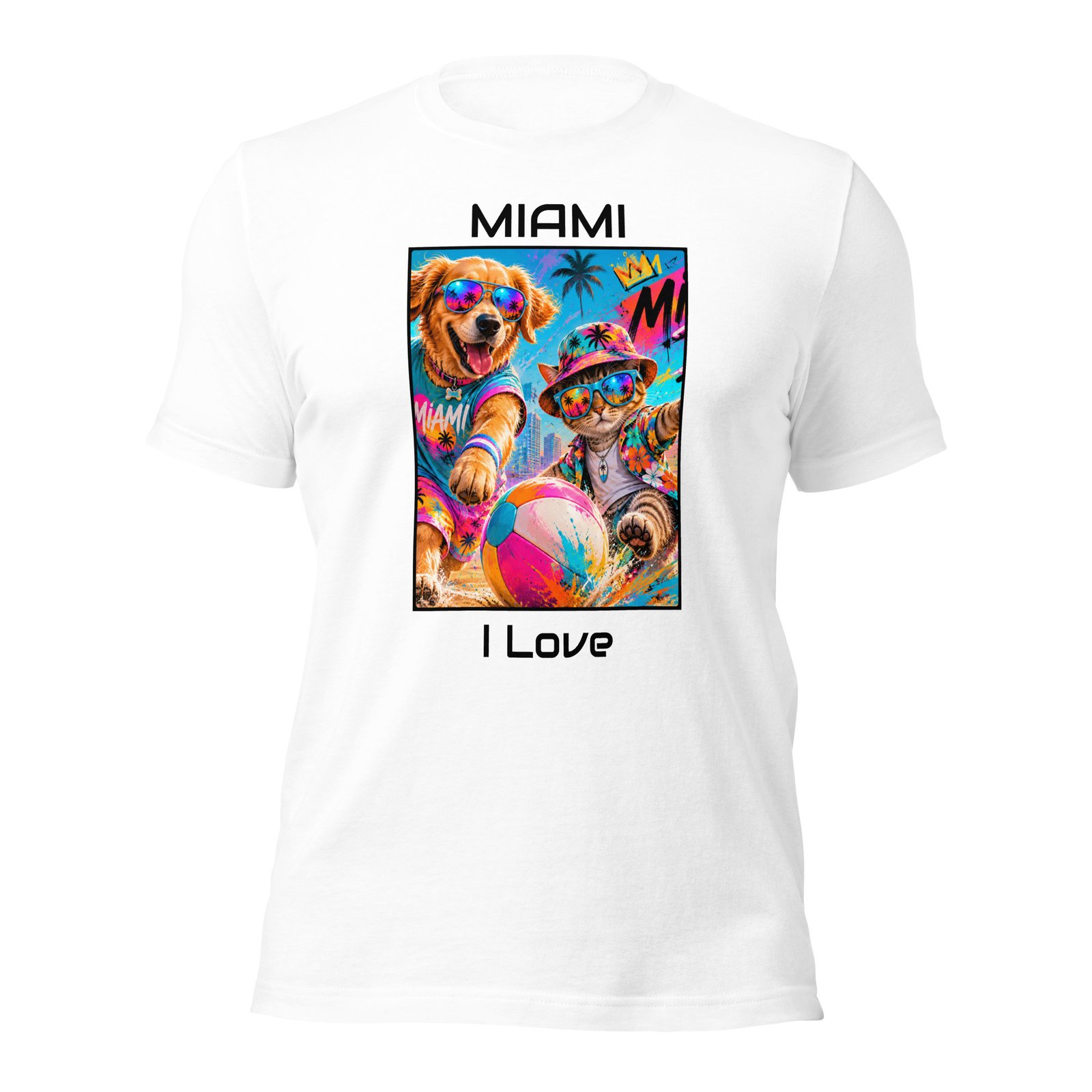 Cool Paws Miami Vibes White Unisex T-Shirt – Dog & Cat Beach Party Art - Imagen 3