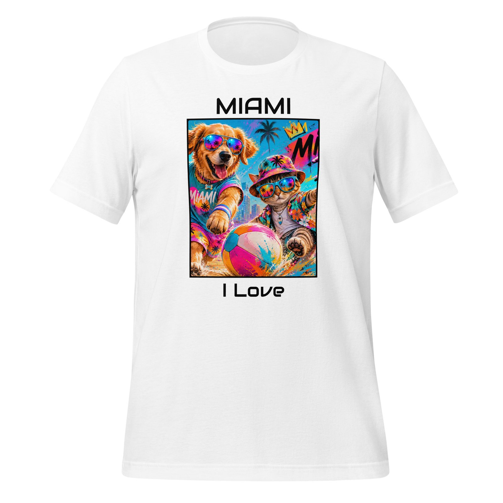 Cool Paws Miami Vibes White Unisex T-Shirt – Dog & Cat Beach Party Art - Imagen 4