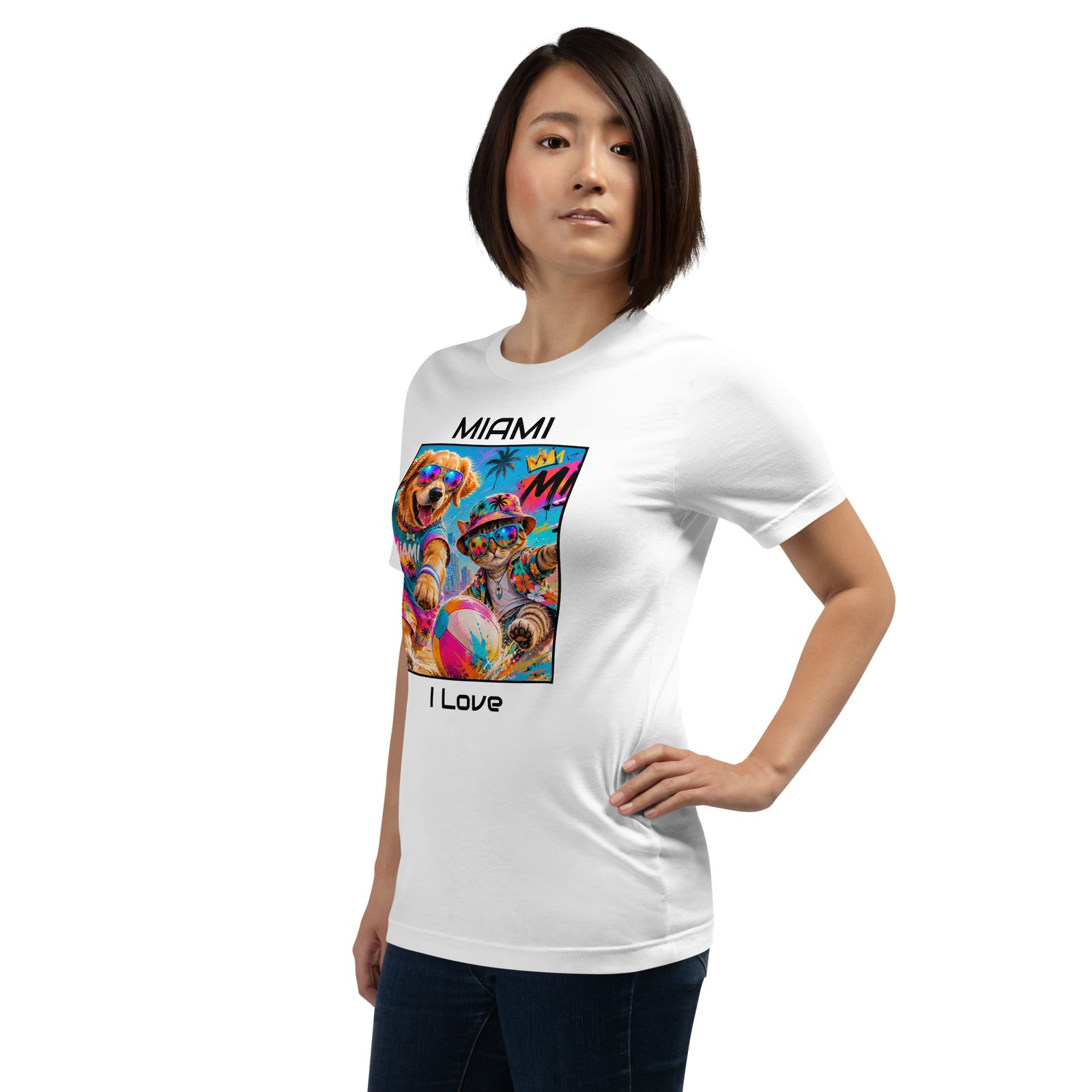 Cool Paws Miami Vibes White Unisex T-Shirt – Dog & Cat Beach Party Art - Imagen 16