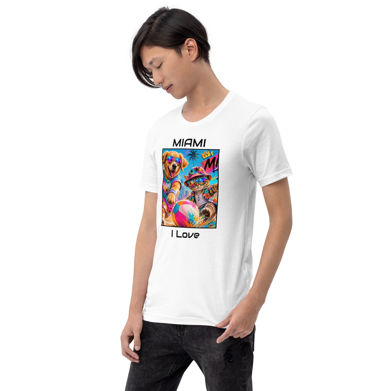 Cool Paws Miami Vibes White Unisex T-Shirt – Dog & Cat Beach Party Art - Imagen 9