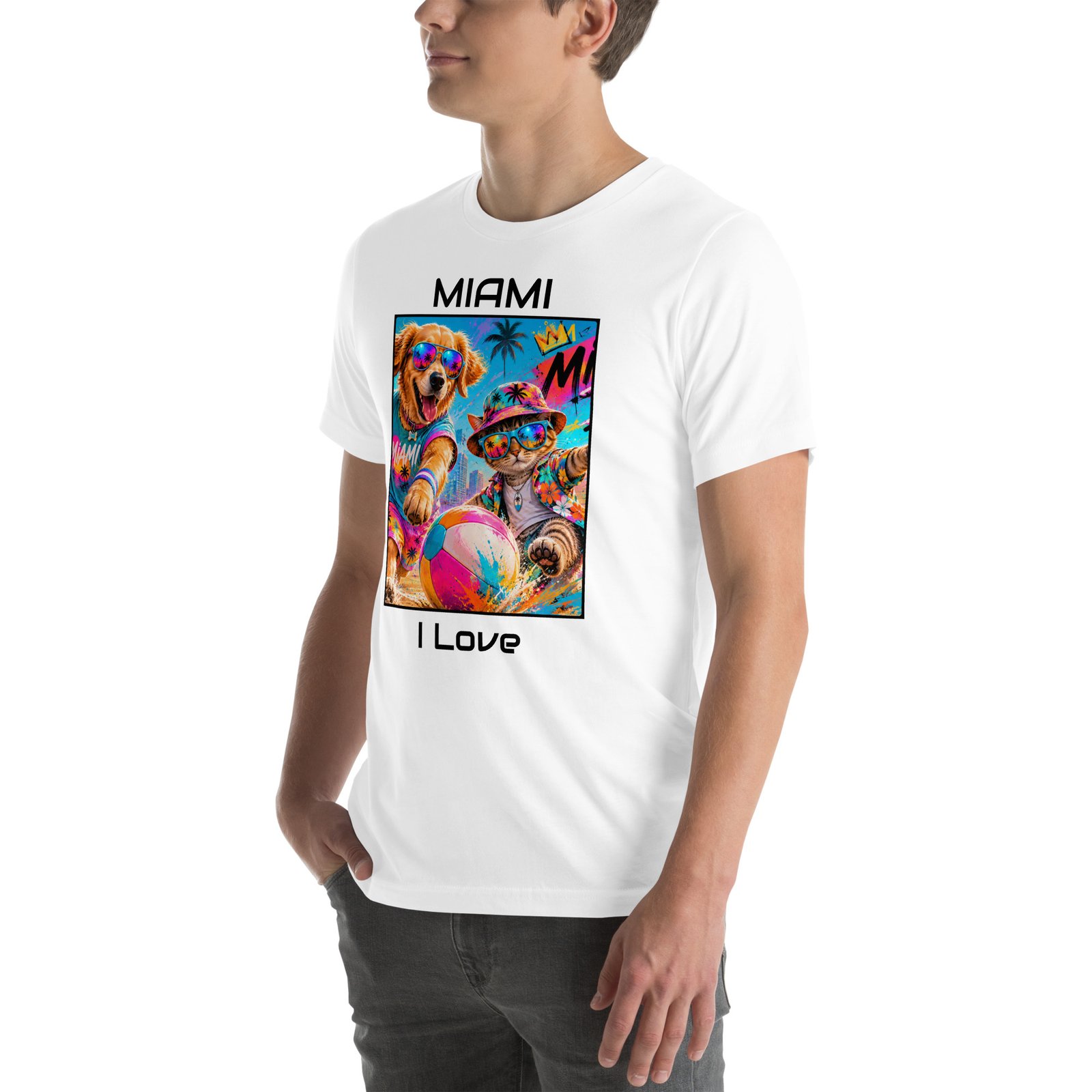 Cool Paws Miami Vibes White Unisex T-Shirt – Dog & Cat Beach Party Art - Imagen 7