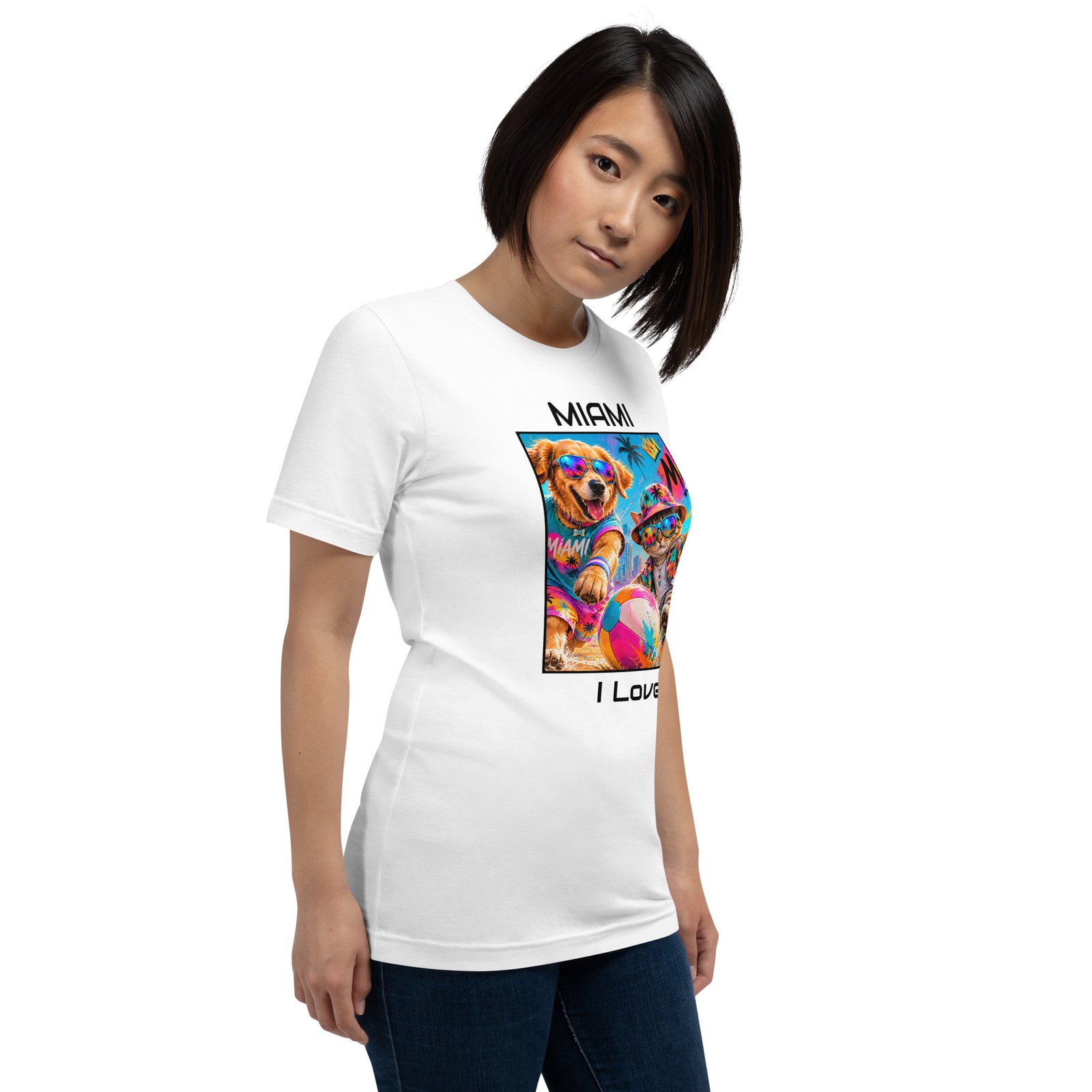 Cool Paws Miami Vibes White Unisex T-Shirt – Dog & Cat Beach Party Art - Imagen 17