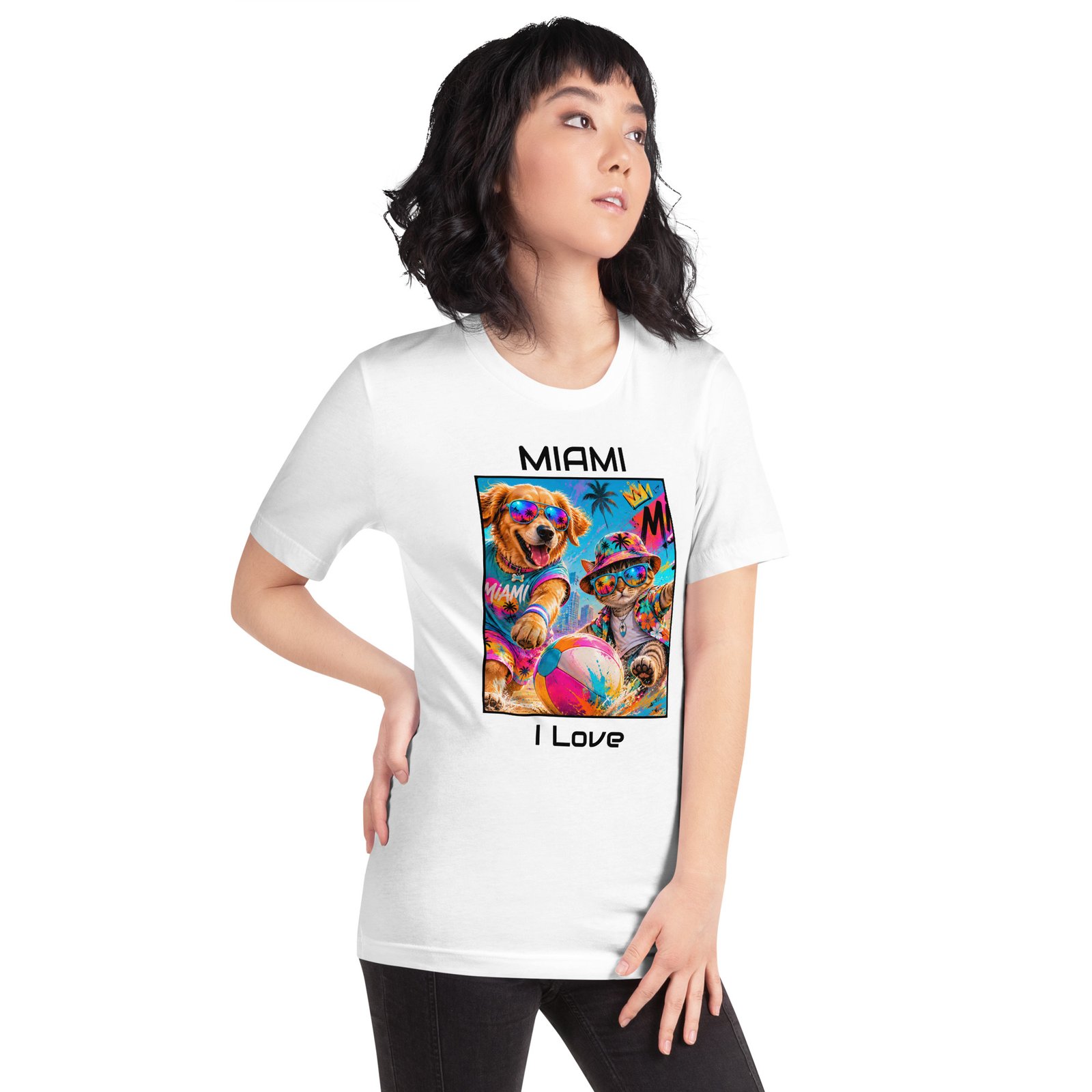 Cool Paws Miami Vibes White Unisex T-Shirt – Dog & Cat Beach Party Art - Imagen 15