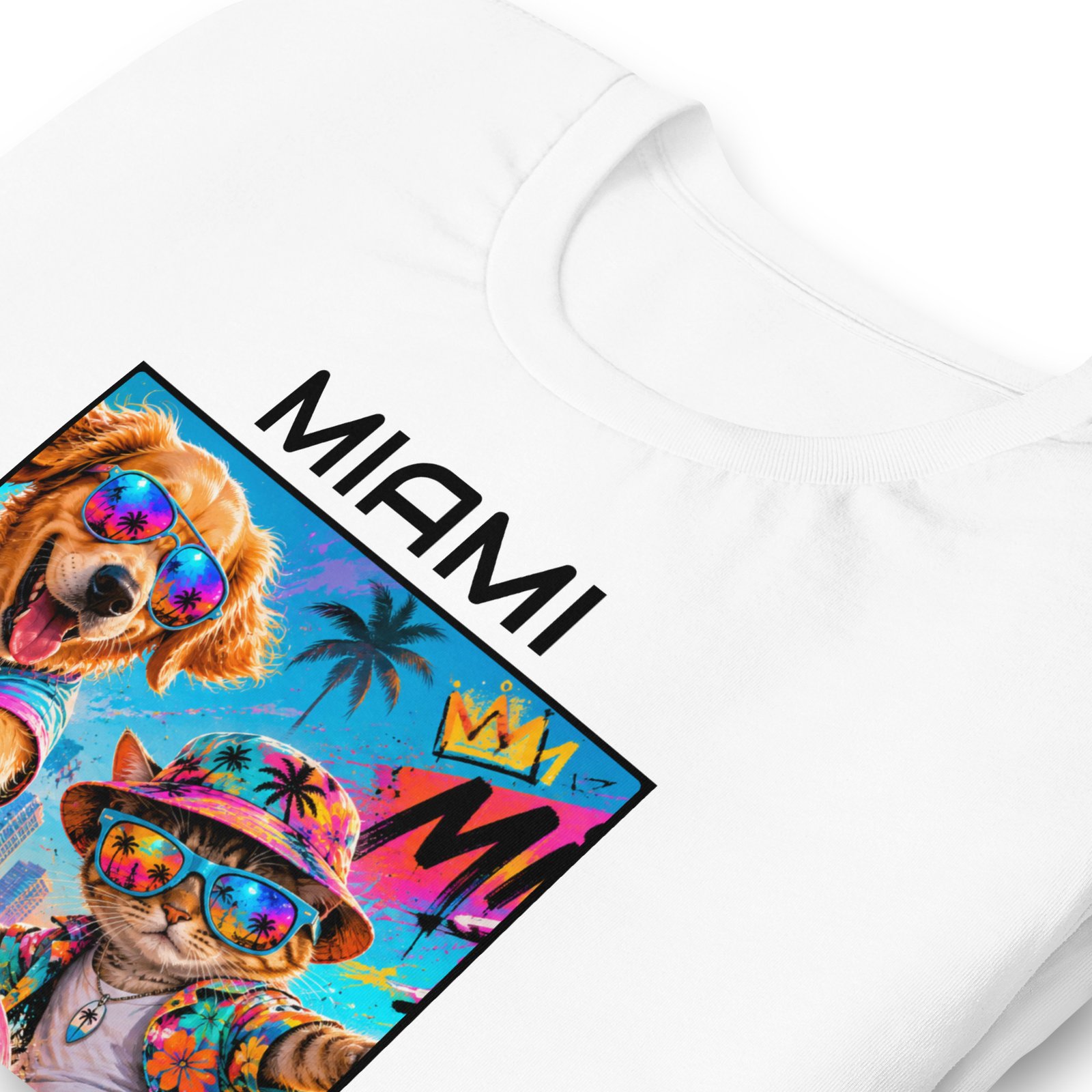 Cool Paws Miami Vibes White Unisex T-Shirt – Dog & Cat Beach Party Art - Imagen 24