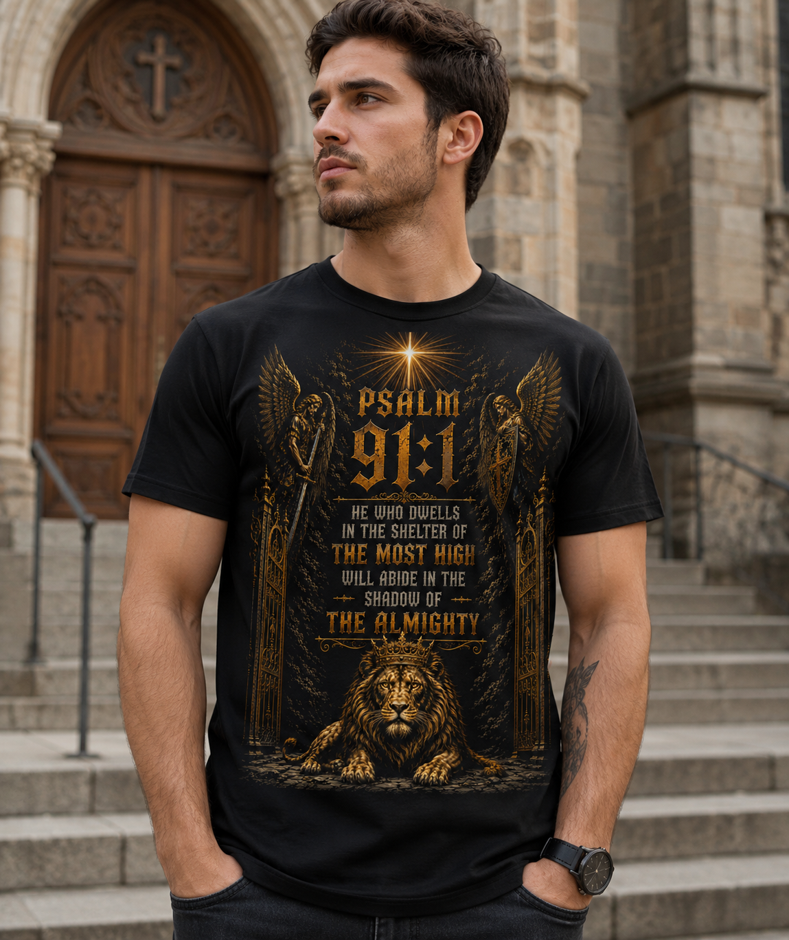 Psalm 91 Guardian Angels & Lion Black Unisex T-Shirt