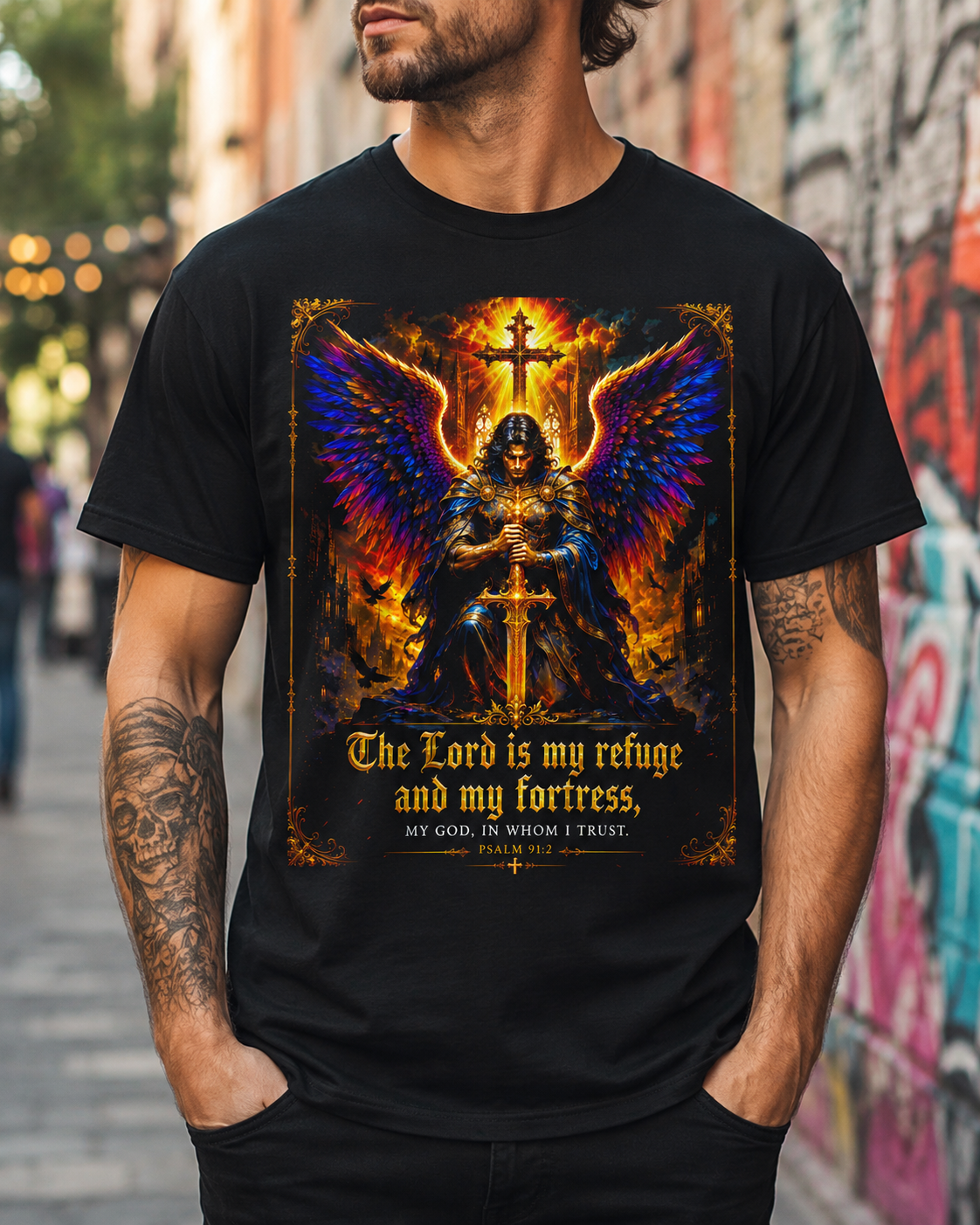 Psalm 91 Guardian Angel Christian Black Unisex T-Shirt