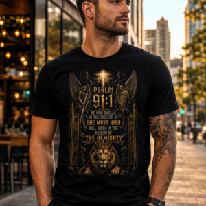 Psalm 91 Lion & Angels Christian Black Unisex T-Shirt