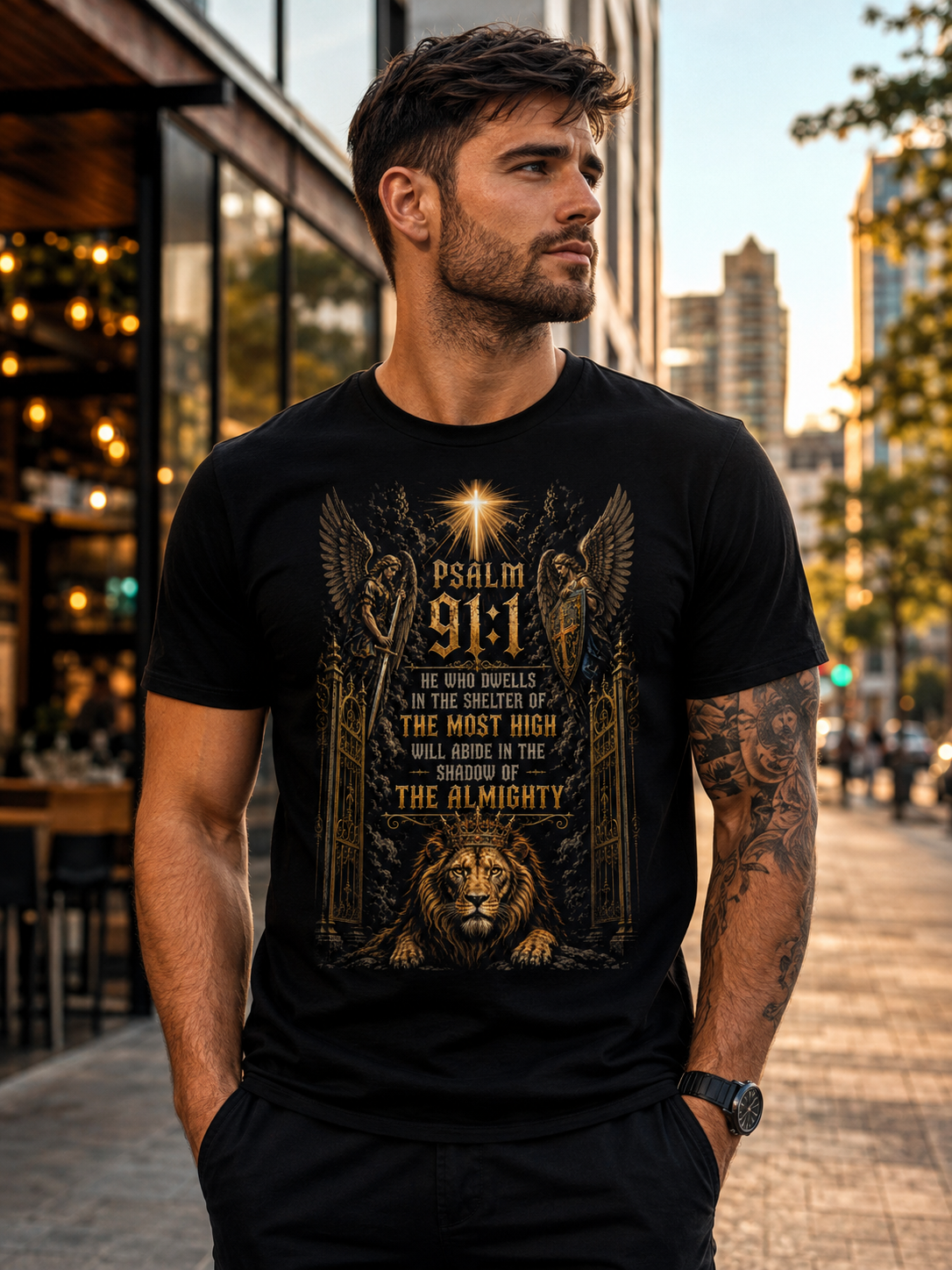 Psalm 91 Lion & Angels Christian Black Unisex T-Shirt