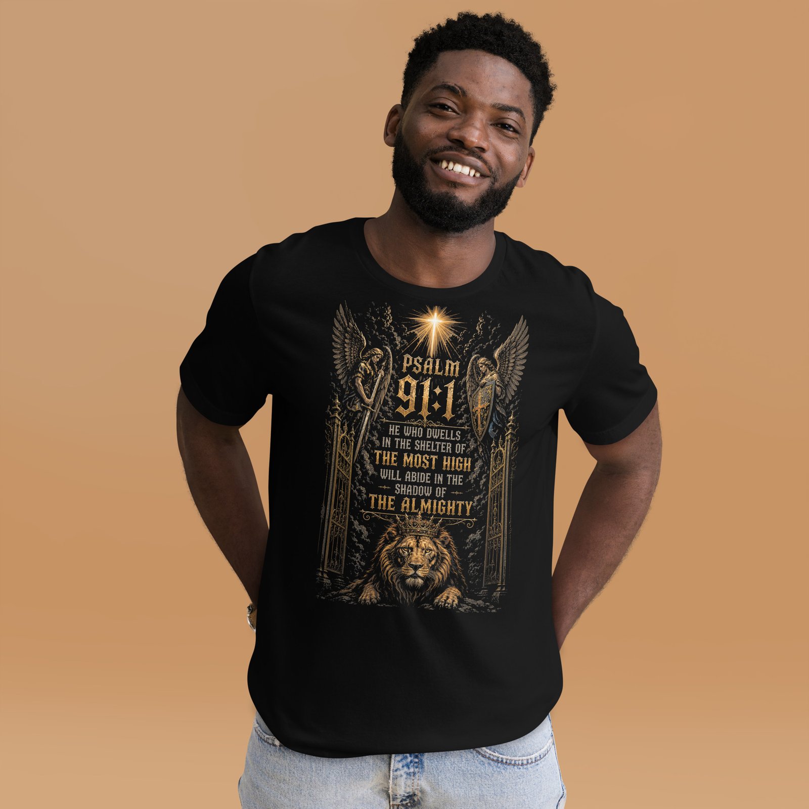 Psalm 91 Lion & Angels Christian Black Unisex T-Shirt - Imagen 24