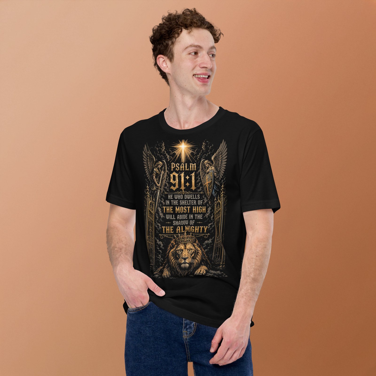 Psalm 91 Lion & Angels Christian Black Unisex T-Shirt - Imagen 13