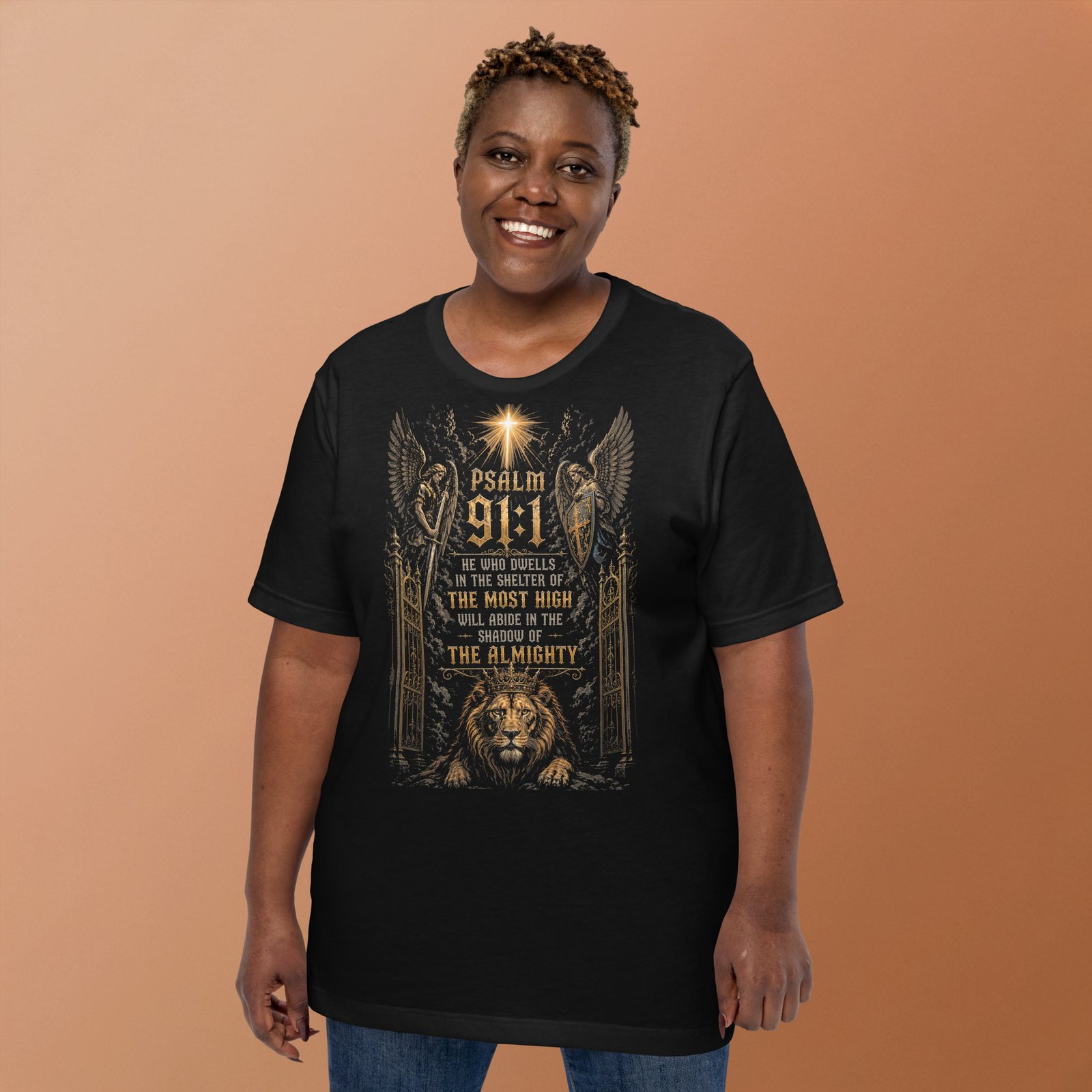 Psalm 91 Lion & Angels Christian Black Unisex T-Shirt - Imagen 17