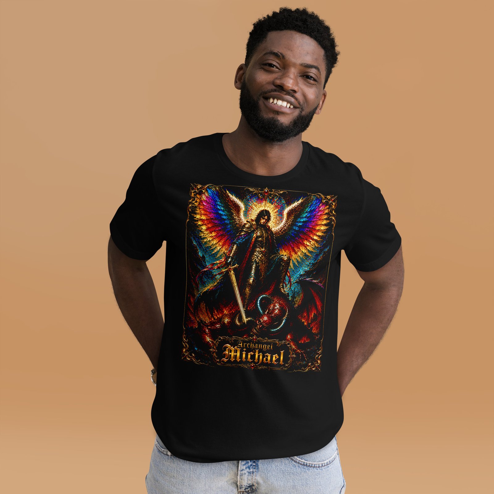 Archangel Michael Defeating Evil Black Unisex T-Shirt - Imagen 19
