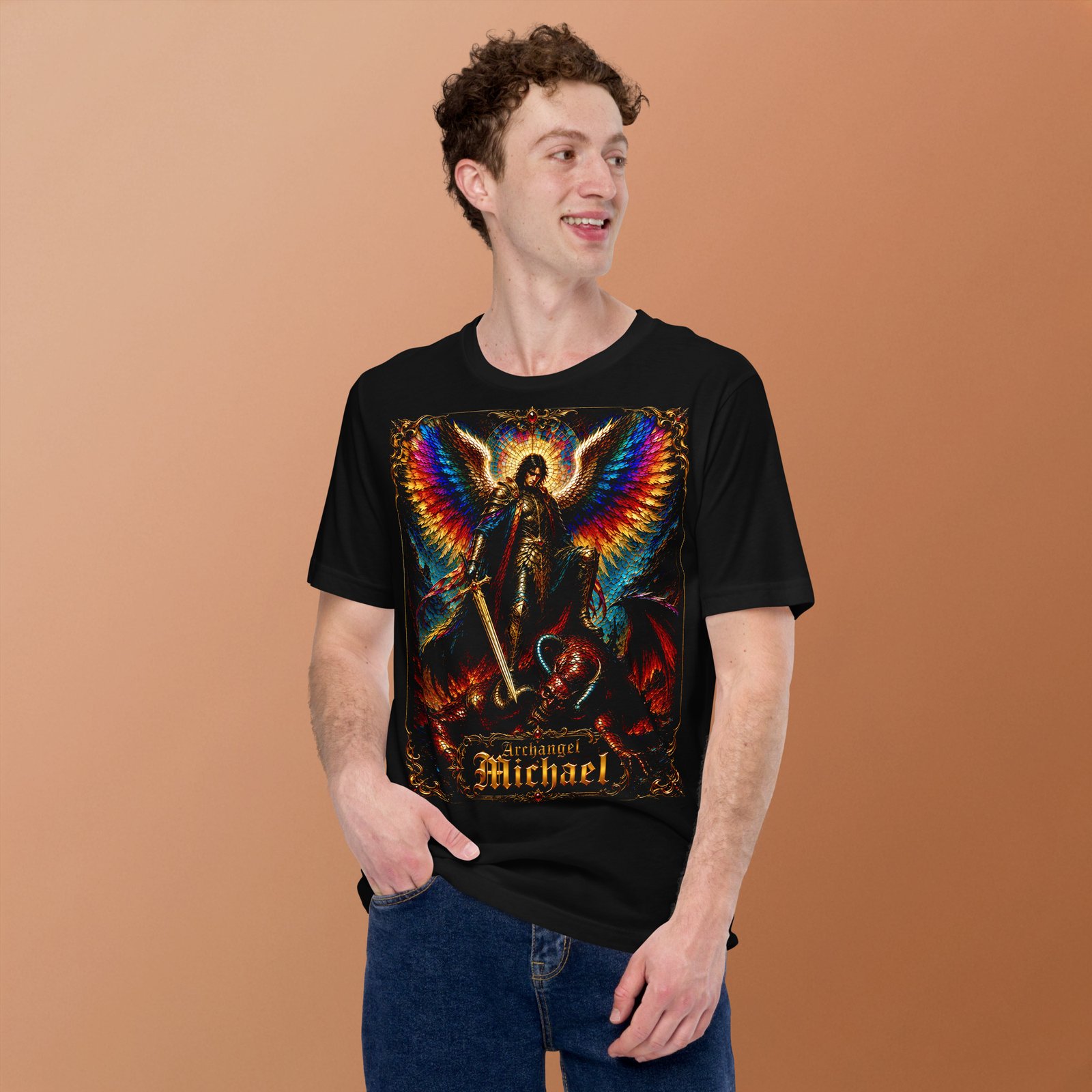 Archangel Michael Defeating Evil Black Unisex T-Shirt - Imagen 9