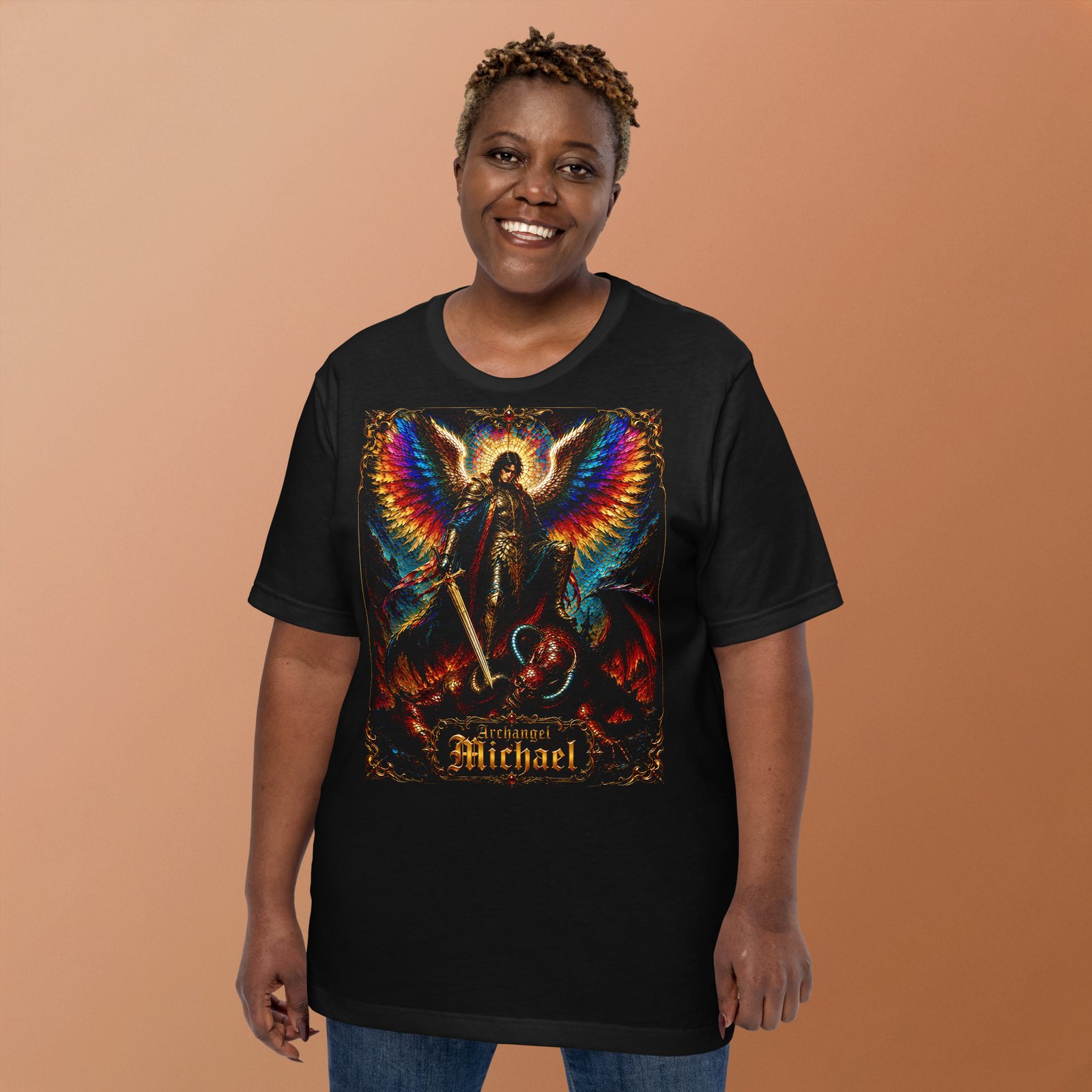 Archangel Michael Defeating Evil Black Unisex T-Shirt - Imagen 13