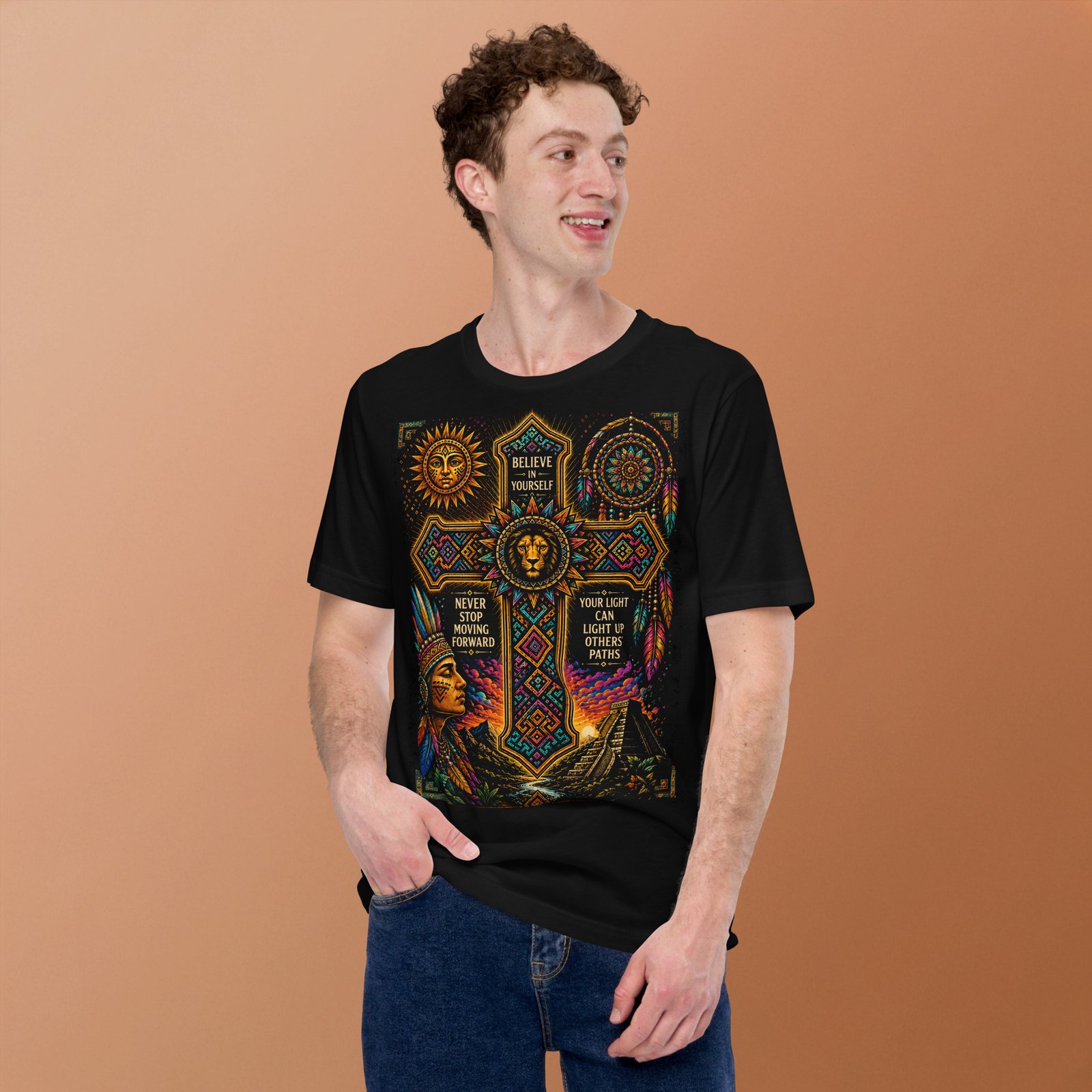 Believe in Yourself Lion Cross Black Unisex T-Shirt - Image 8