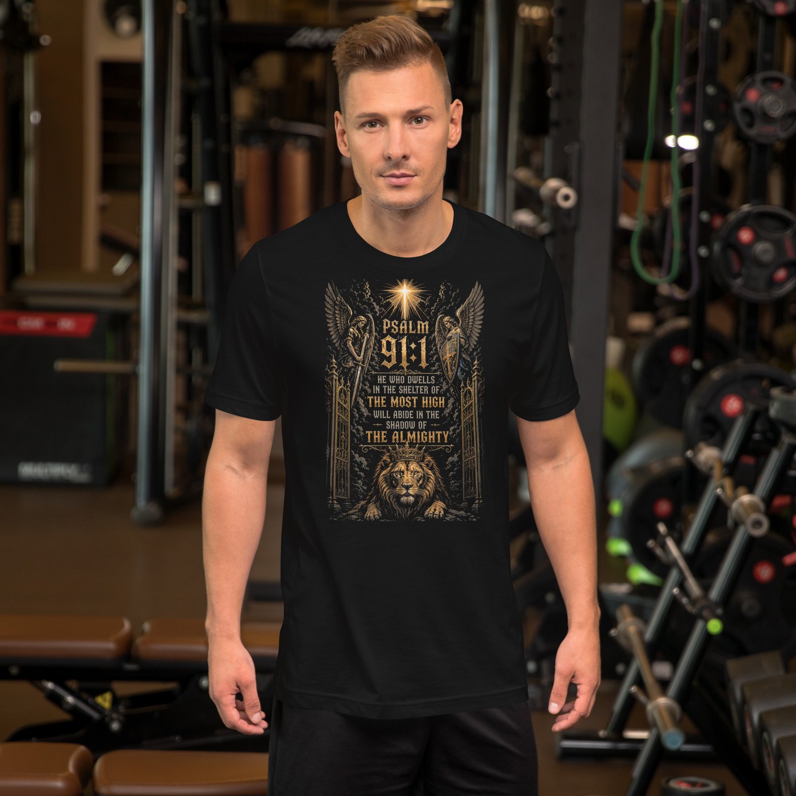Psalm 91 Lion & Angels Christian Black Unisex T-Shirt - Imagen 21