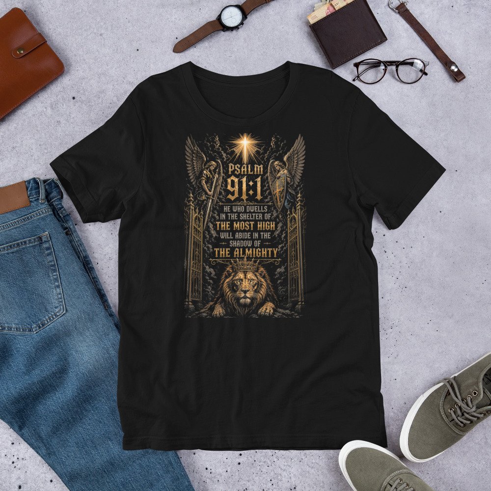 Psalm 91 Lion & Angels Christian Black Unisex T-Shirt - Imagen 18