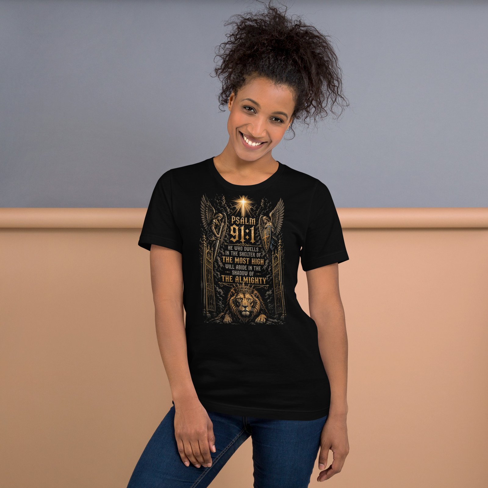 Psalm 91 Lion & Angels Christian Black Unisex T-Shirt - Imagen 26