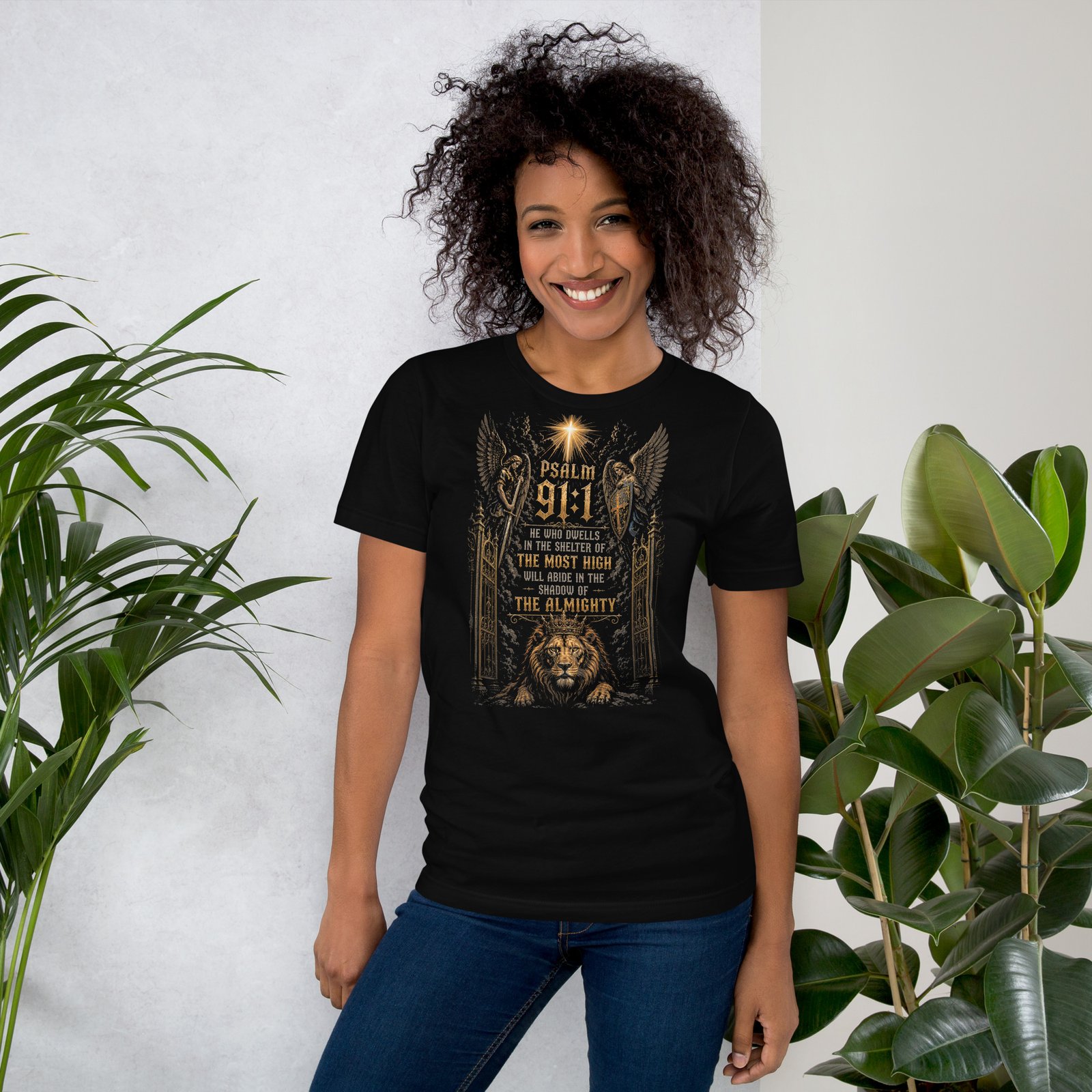 Psalm 91 Lion & Angels Christian Black Unisex T-Shirt - Imagen 27