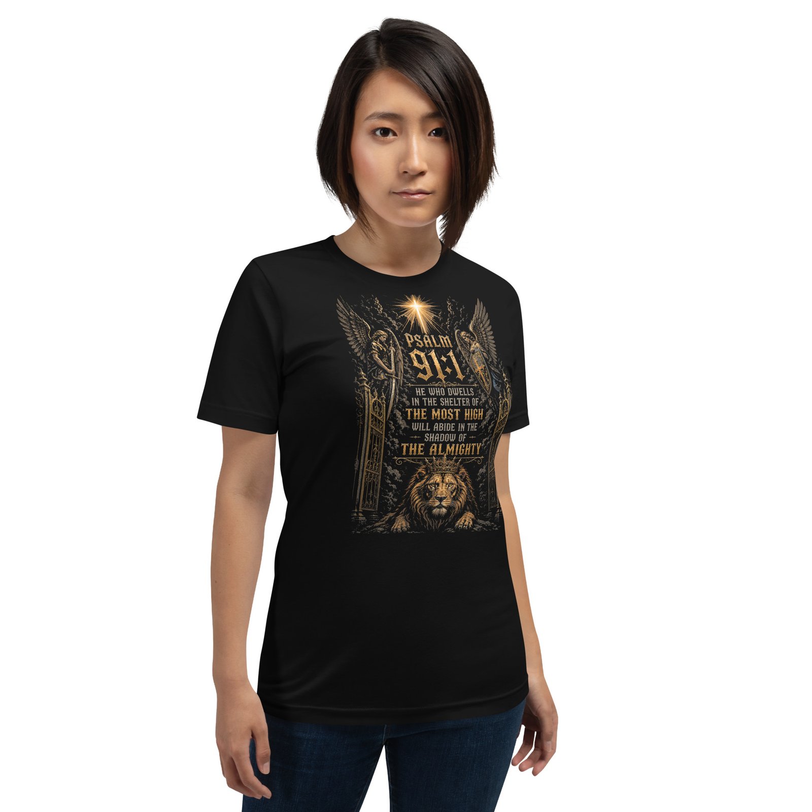 Psalm 91 Lion & Angels Christian Black Unisex T-Shirt - Imagen 16