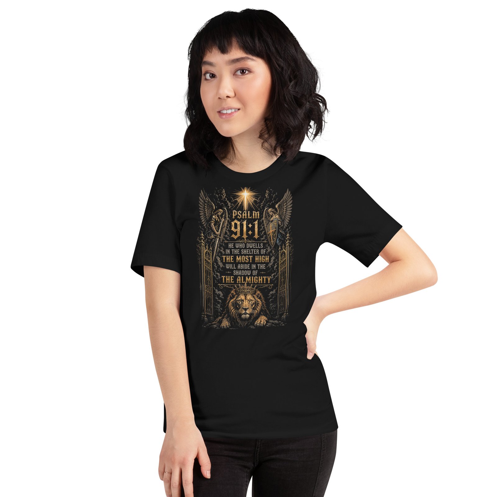 Psalm 91 Lion & Angels Christian Black Unisex T-Shirt - Imagen 15