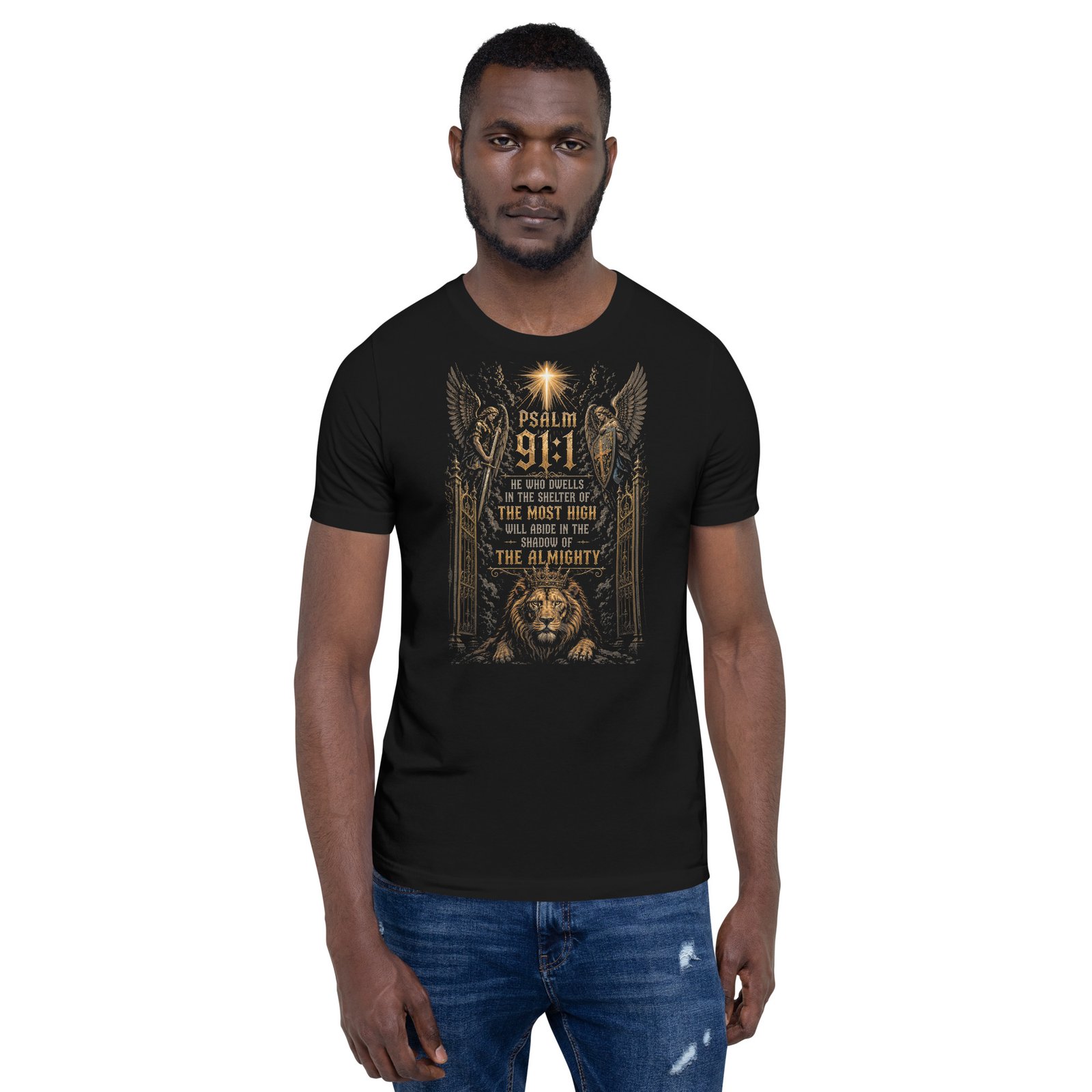 Psalm 91 Lion & Angels Christian Black Unisex T-Shirt - Imagen 10
