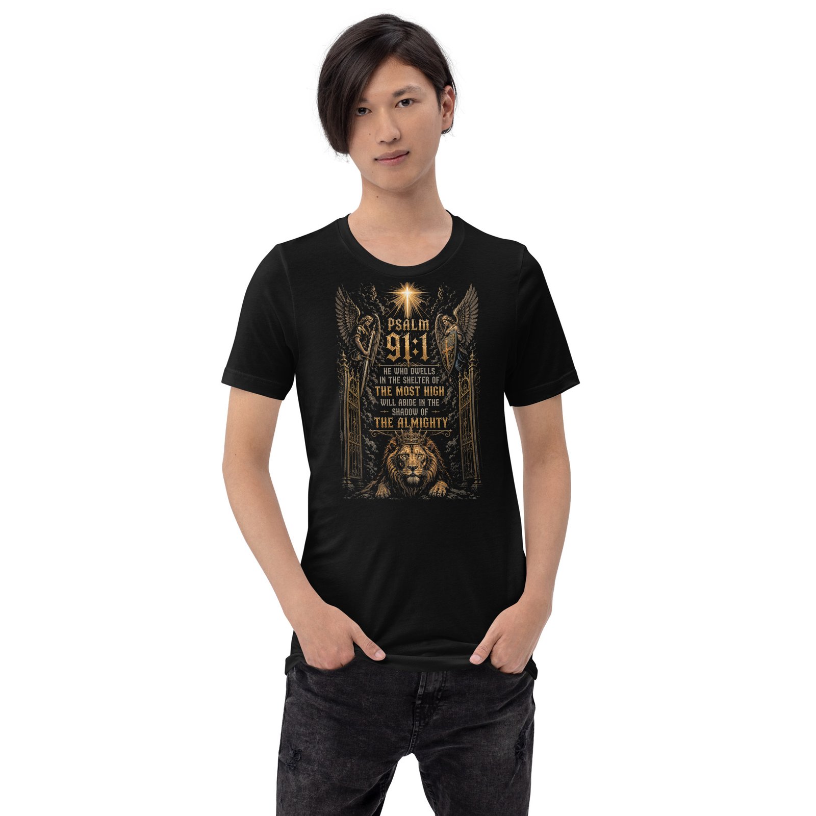 Psalm 91 Lion & Angels Christian Black Unisex T-Shirt - Imagen 11