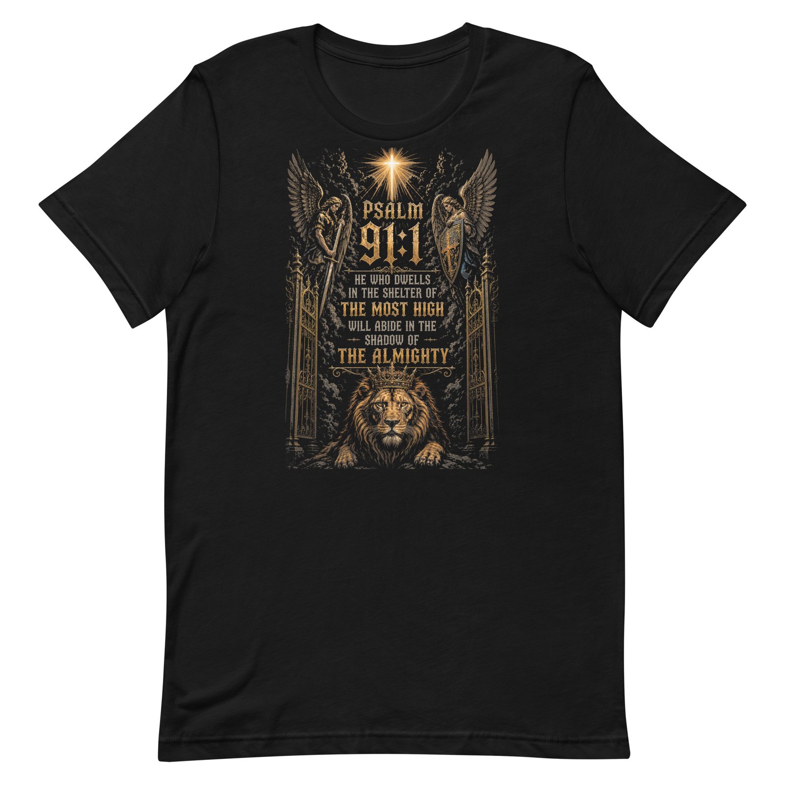 Psalm 91 Lion & Angels Christian Black Unisex T-Shirt - Imagen 6