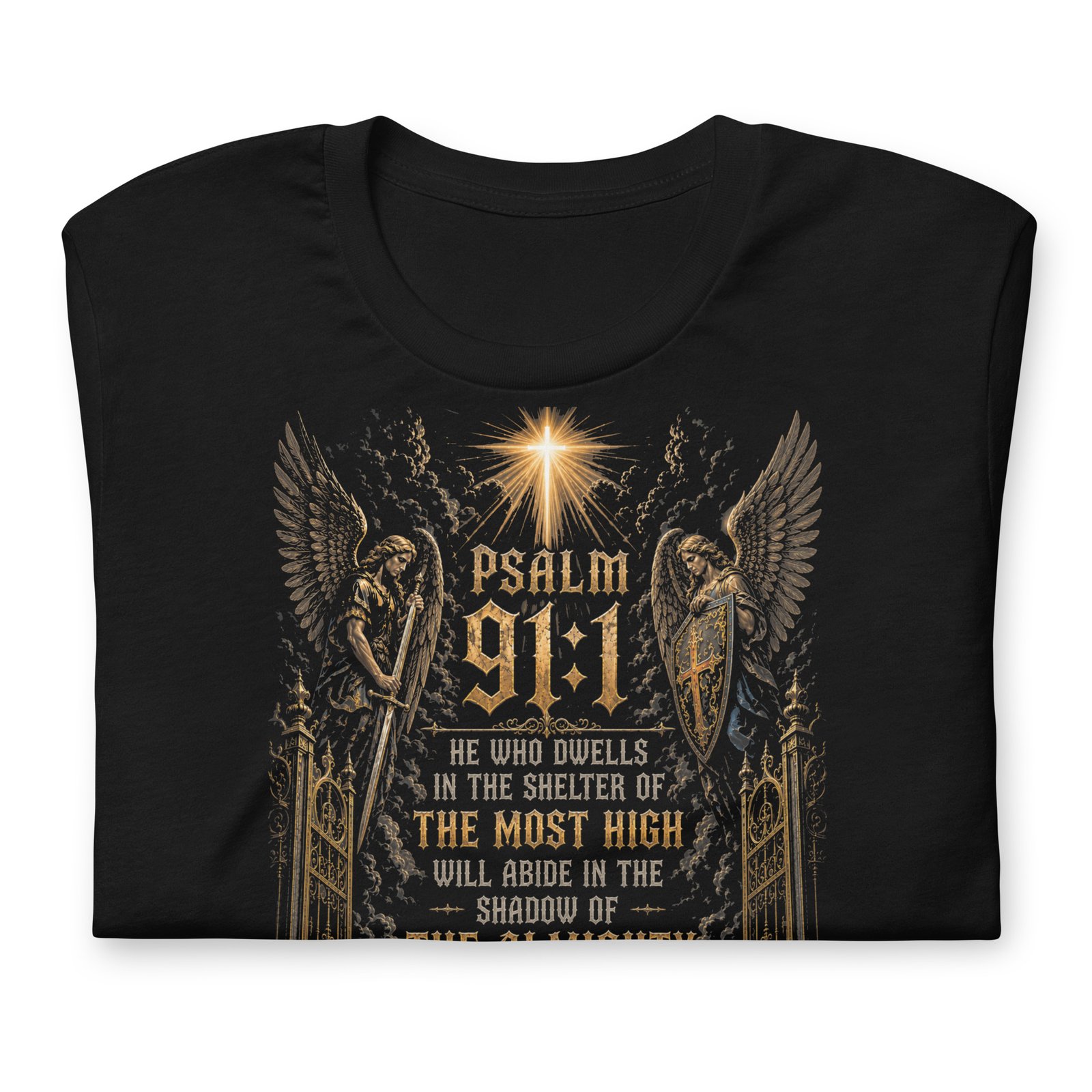 Psalm 91 Lion & Angels Christian Black Unisex T-Shirt - Imagen 19