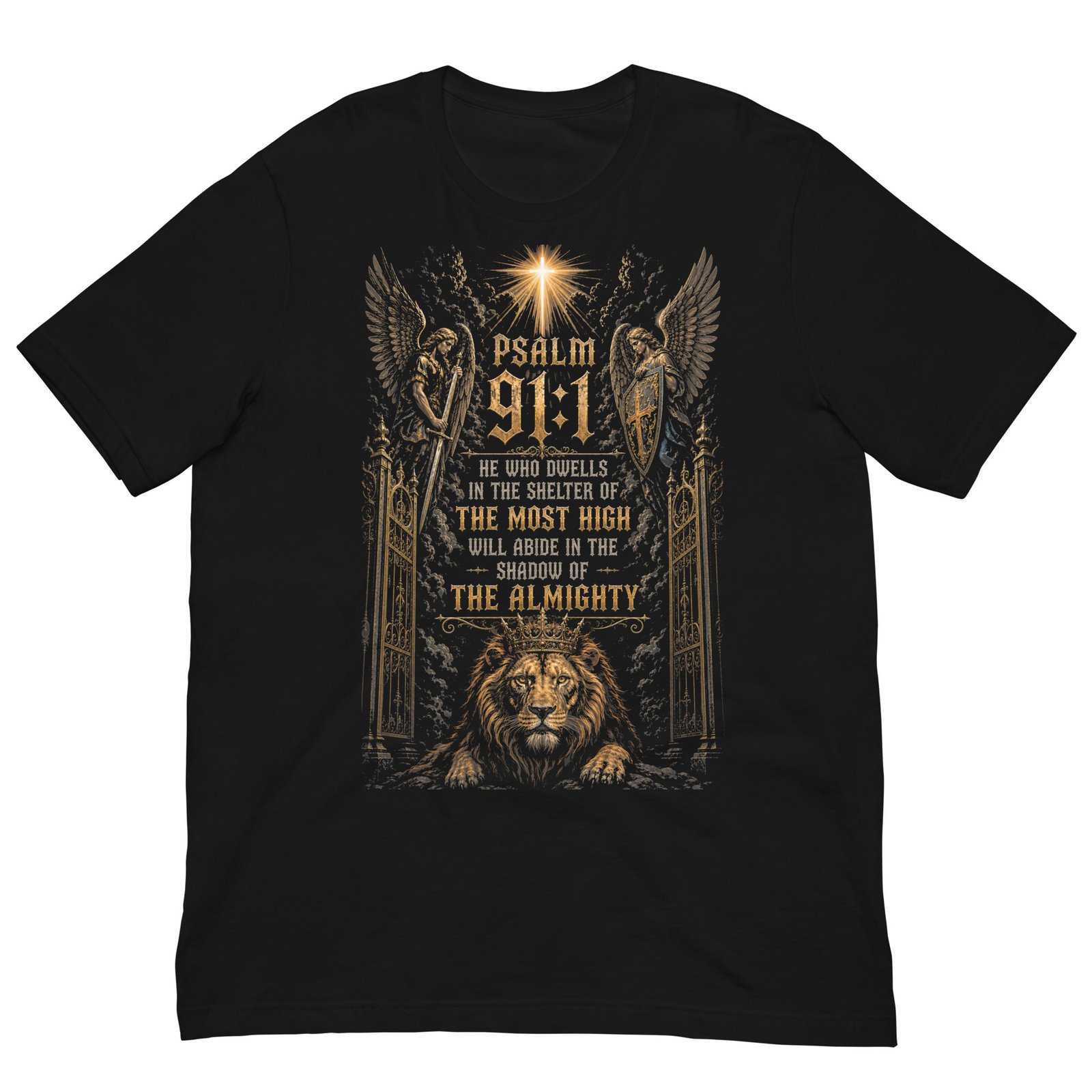 Psalm 91 Lion & Angels Christian Black Unisex T-Shirt - Imagen 7